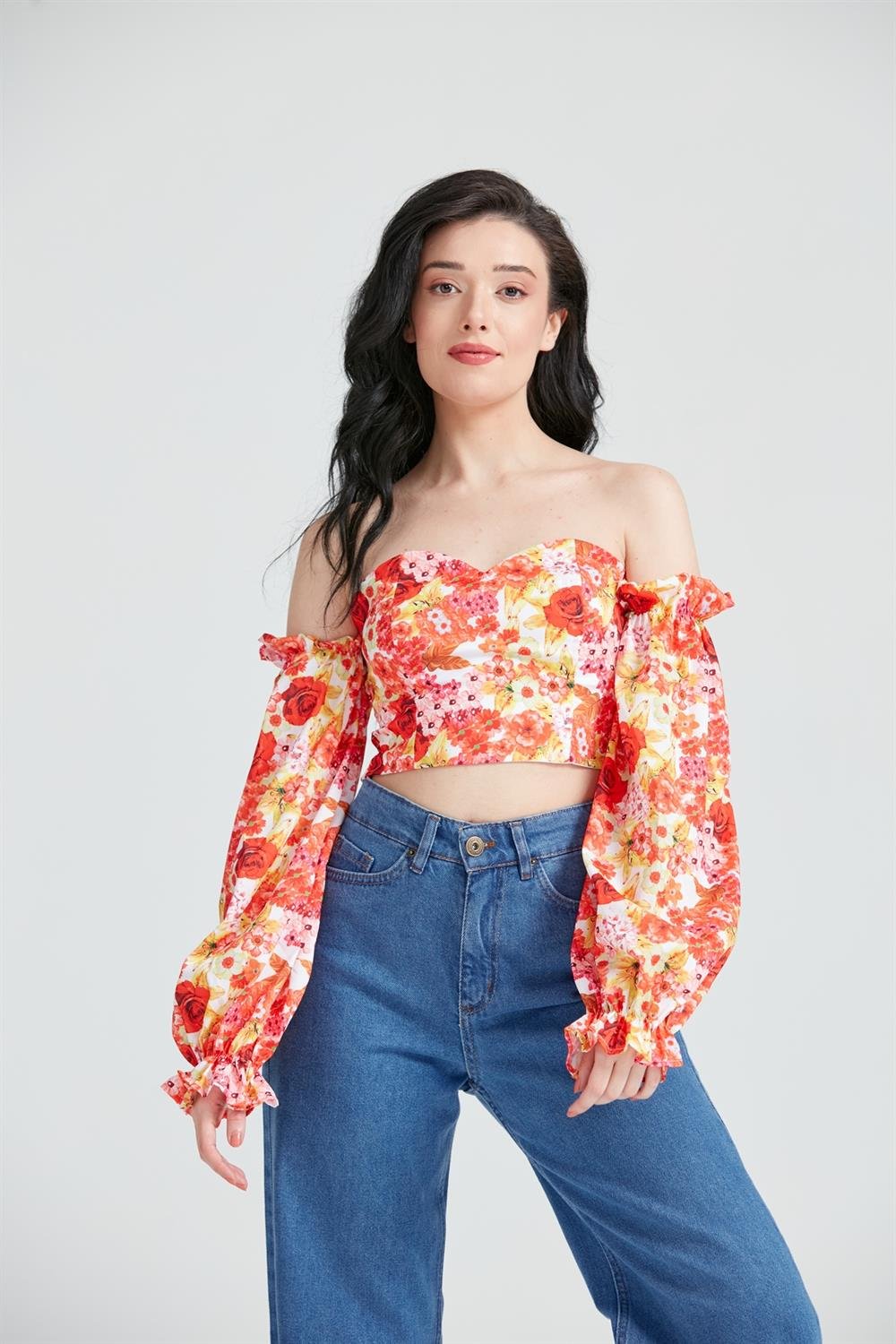 Kadın Çiçekli Crop Büstiyer Renkli