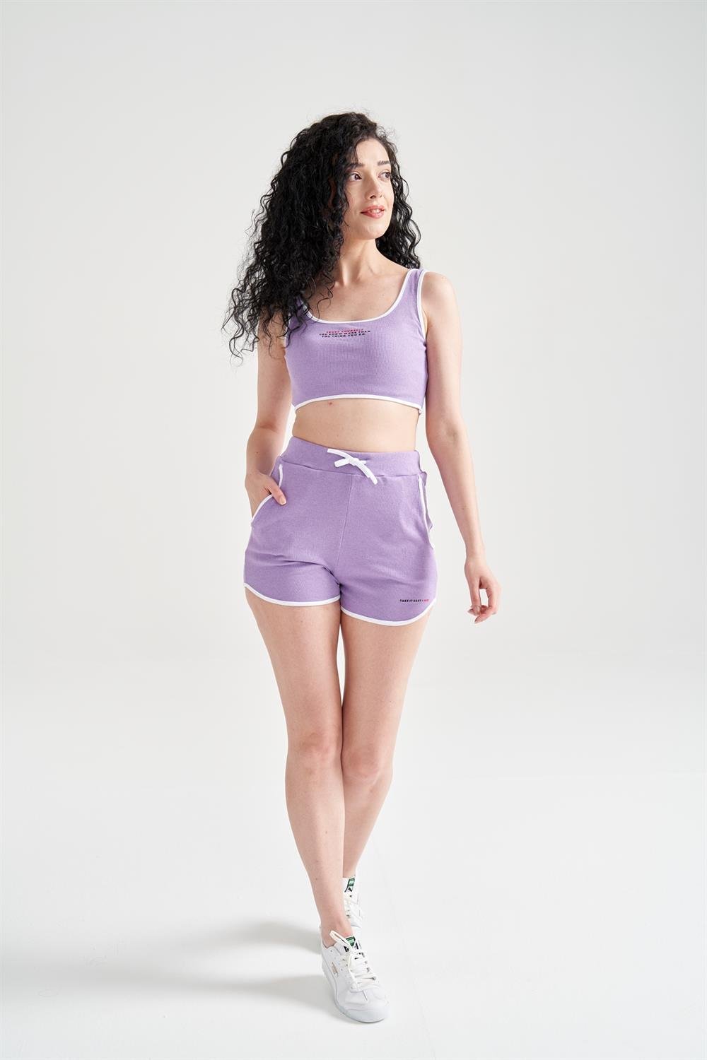 Kadın Crop Büstiyerli Pijama Takımı Lila