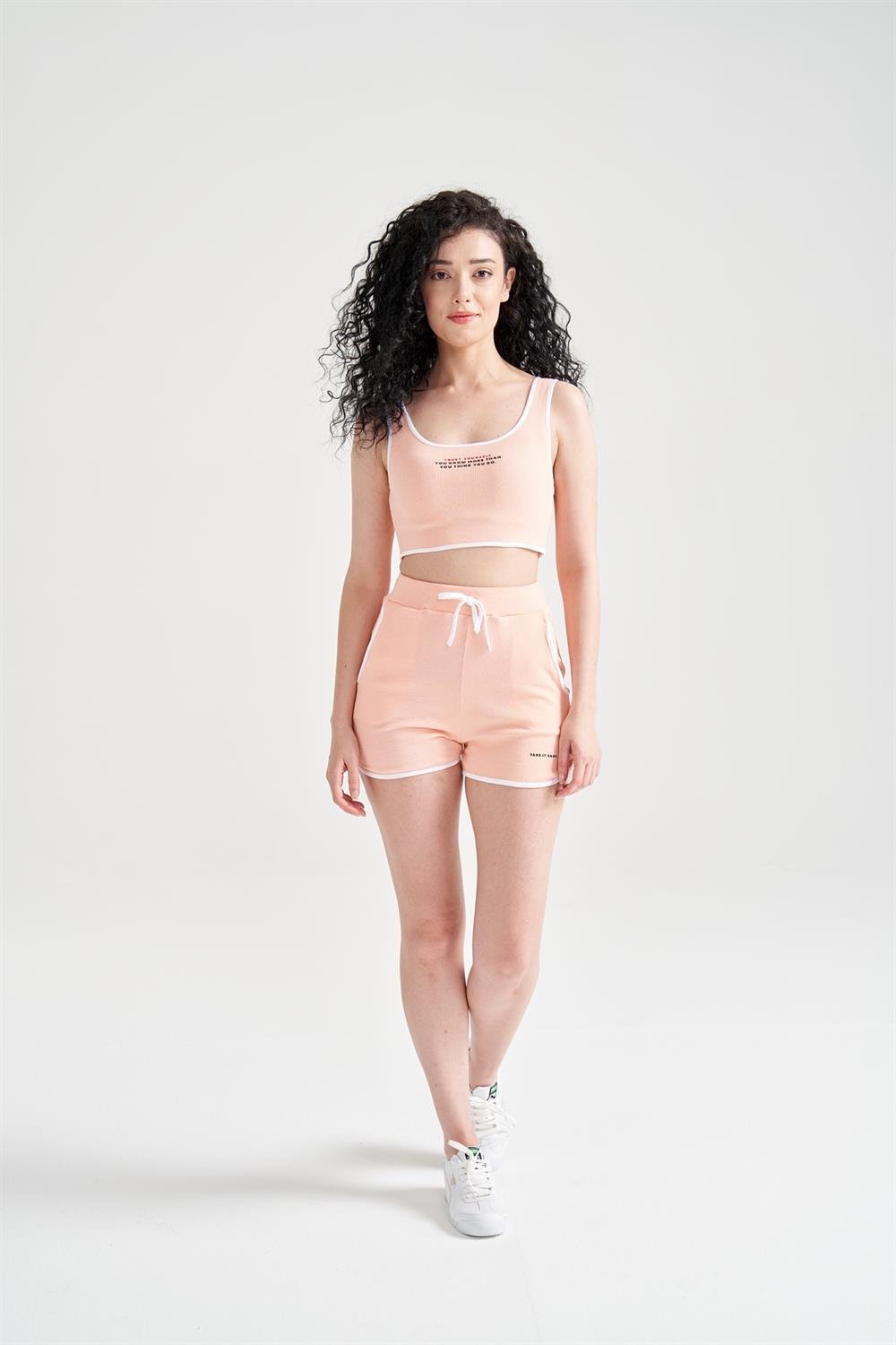 Kadın Crop Büstiyerli Pijama Takımı Somon
