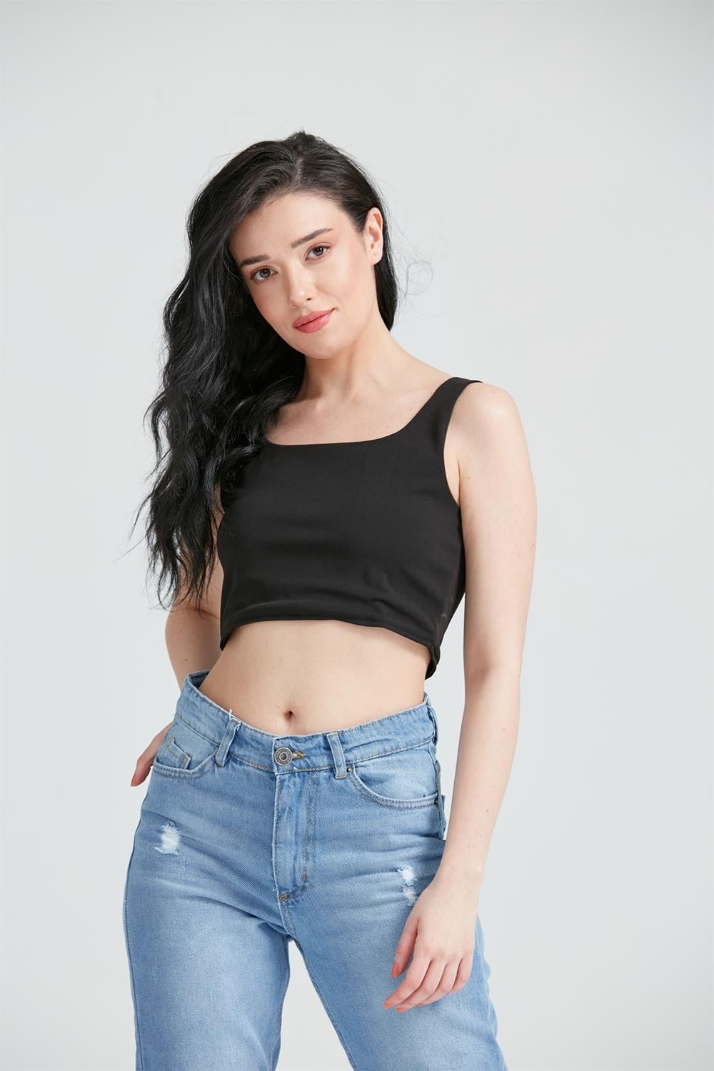 Kadın Fermuar Detay Crop Atlet Siyah