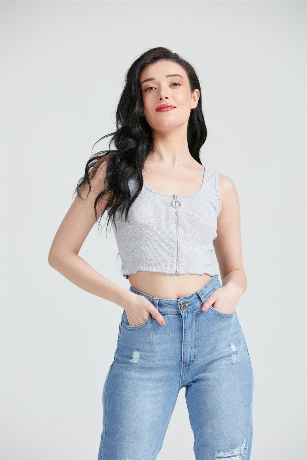 Kadın Fermuar Detay Crop Top Büstiyer Gri