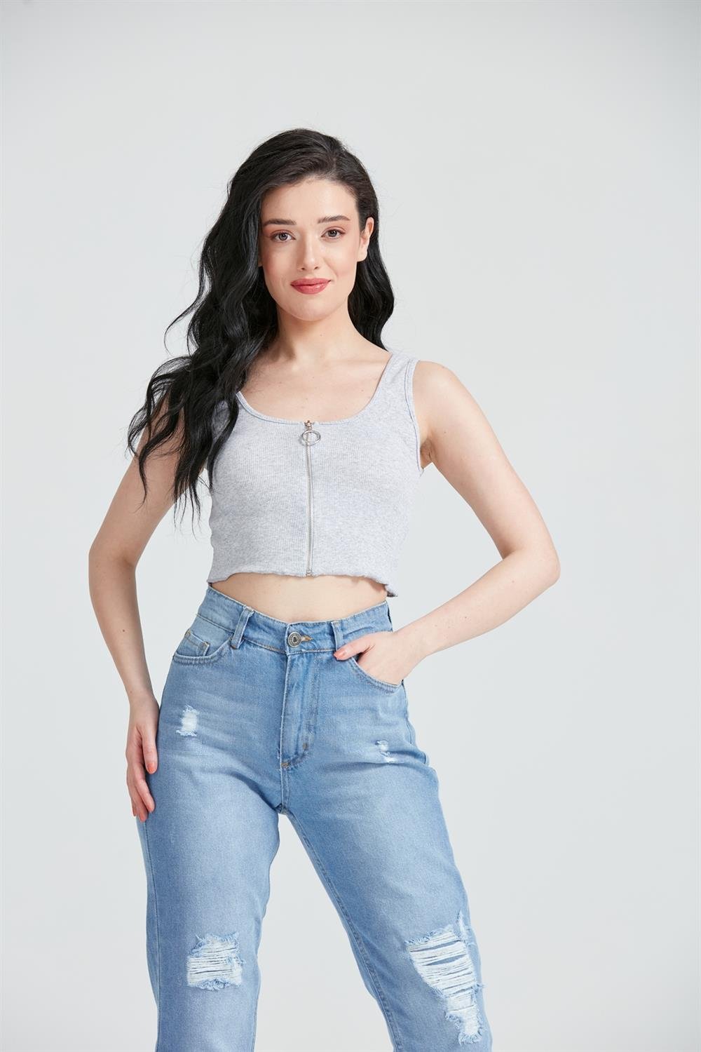 Kadın Fermuar Detay Crop Top Büstiyer Gri