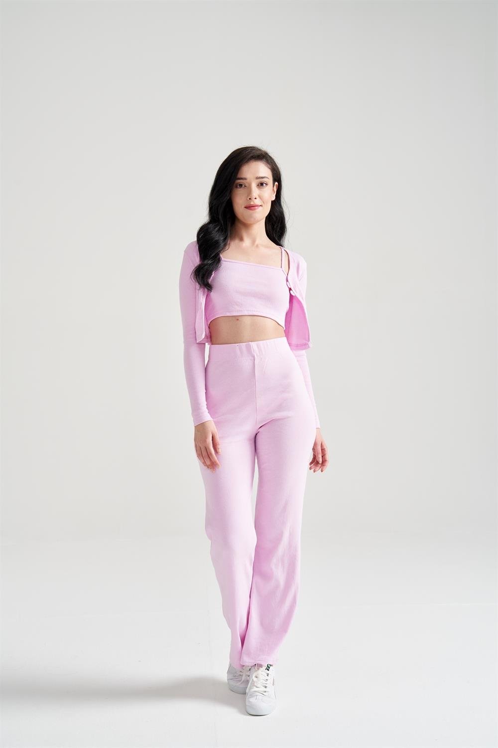 Kadın Hırka Crop Bol Paça Pantolon Üçlü Takım Pembe