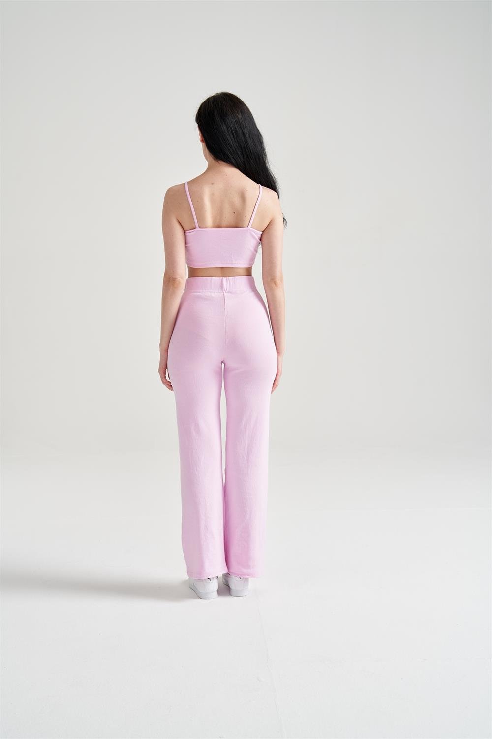 Kadın Hırka Crop Bol Paça Pantolon Üçlü Takım Pembe