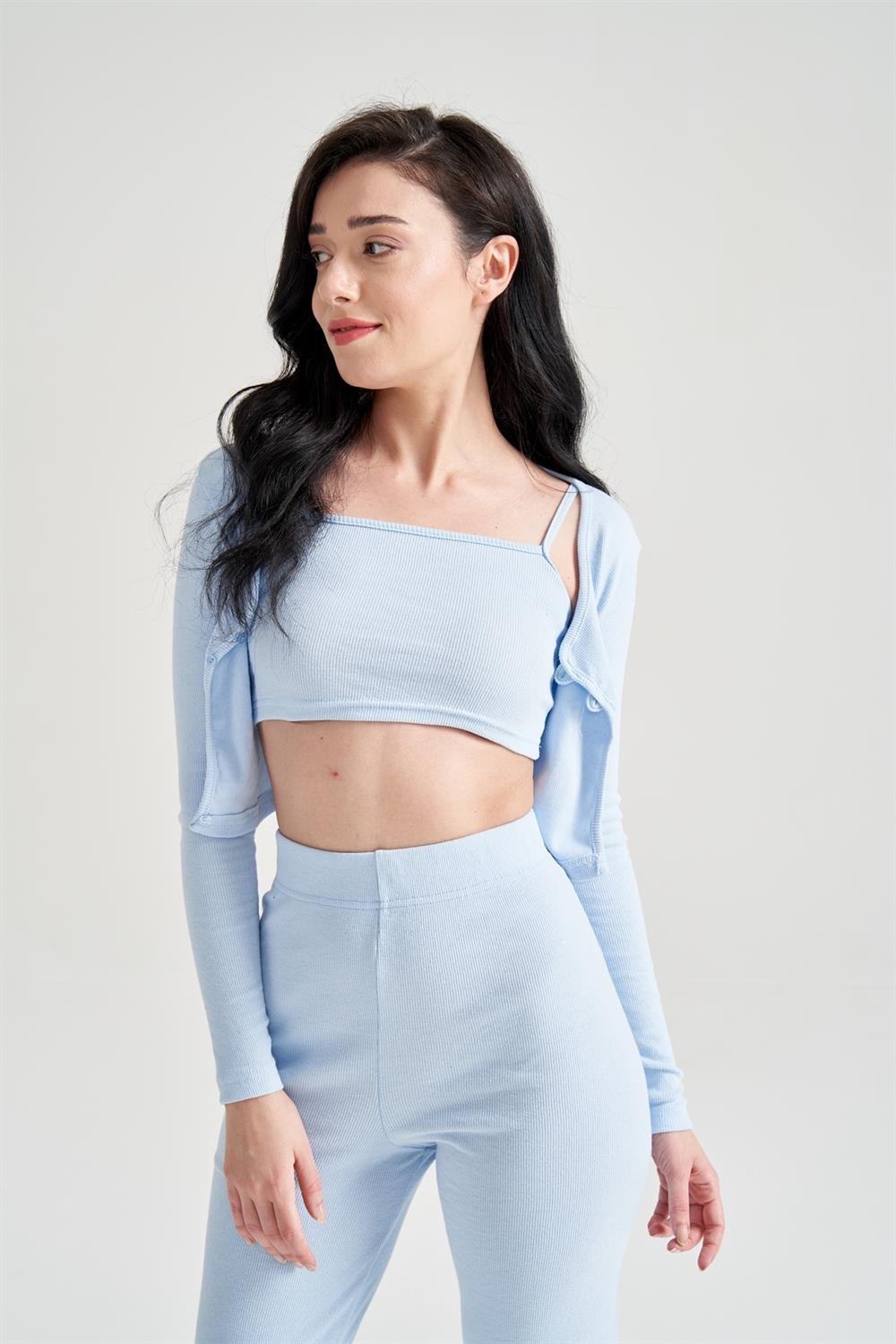 Kadın Hırka Crop Bol Paça Pantolon Üçlü Takım Mavi