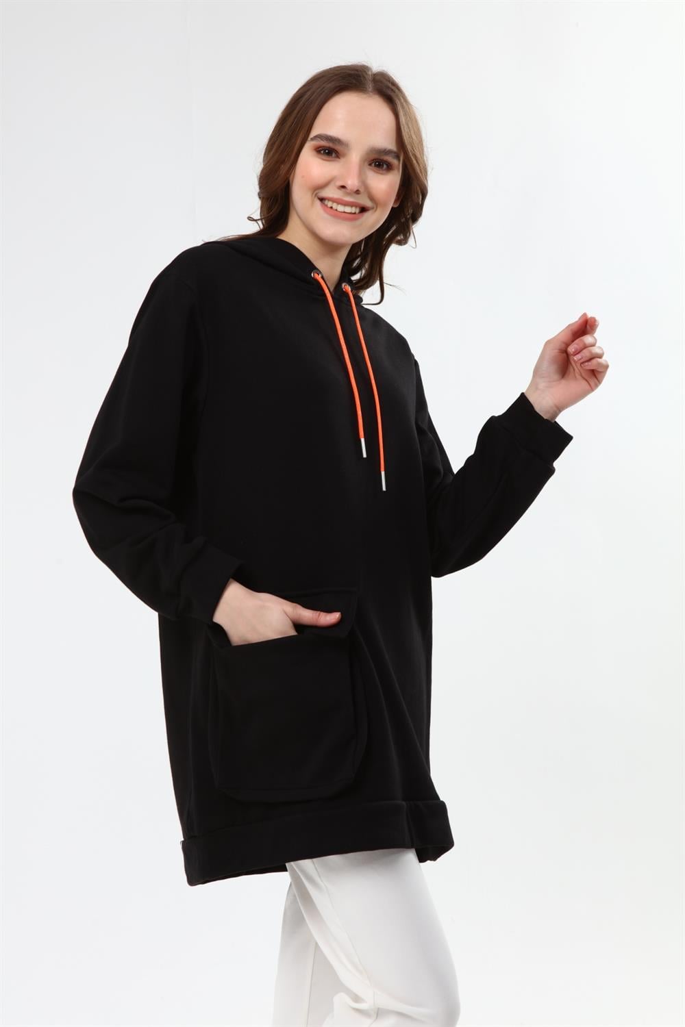 Kadın İki İp Kapşonlu Sweatshirt SİYAH