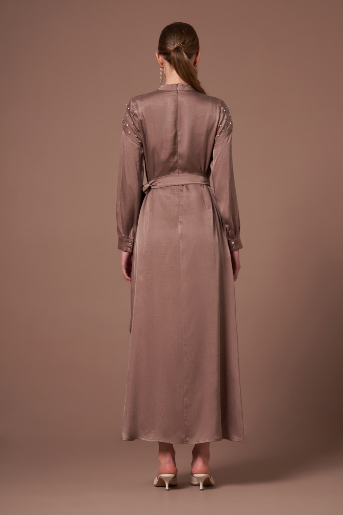 Kadın İpek Kupra Elbise Kahve