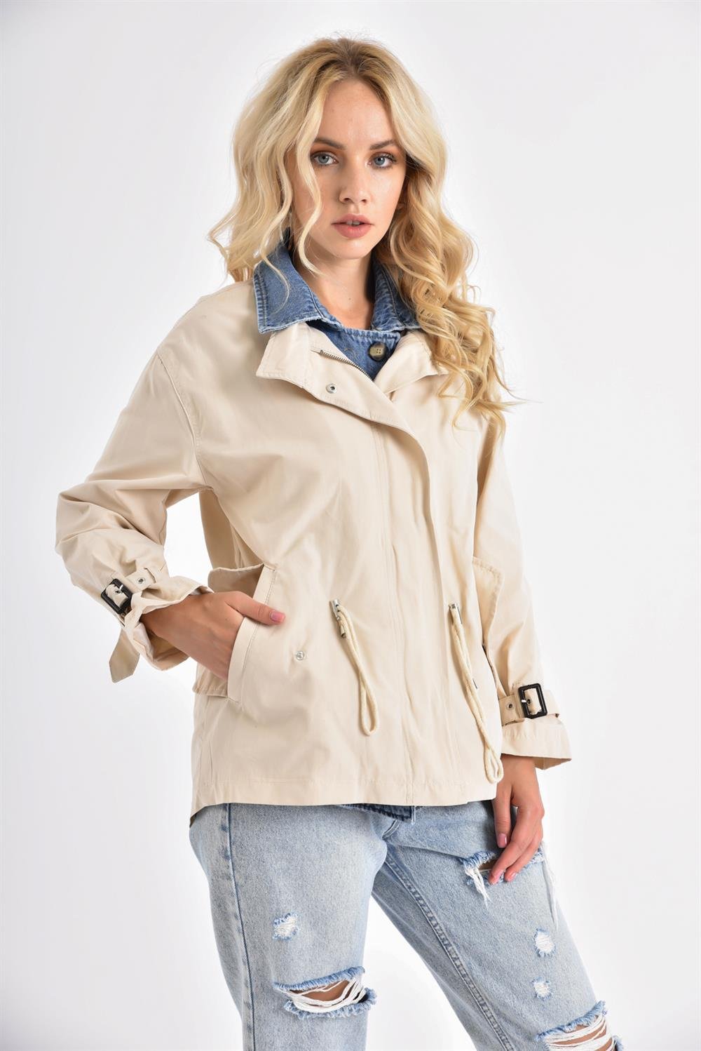 Kadın Jean Detaylı Trençkot BEIGE