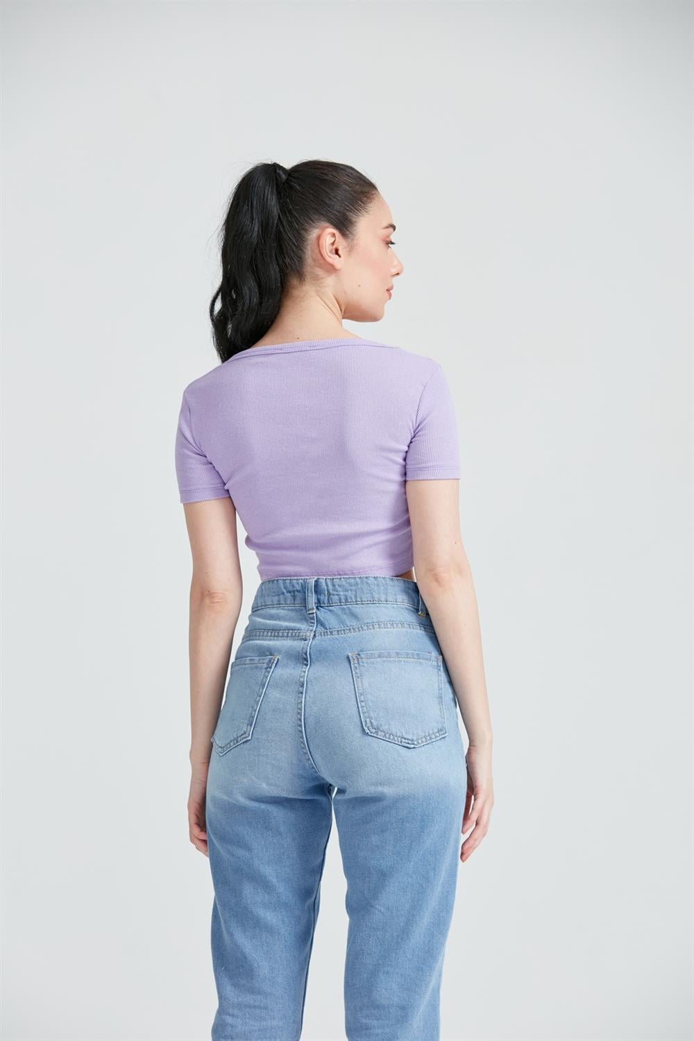 Kadın Kısa kol Basic Crop Top Lila