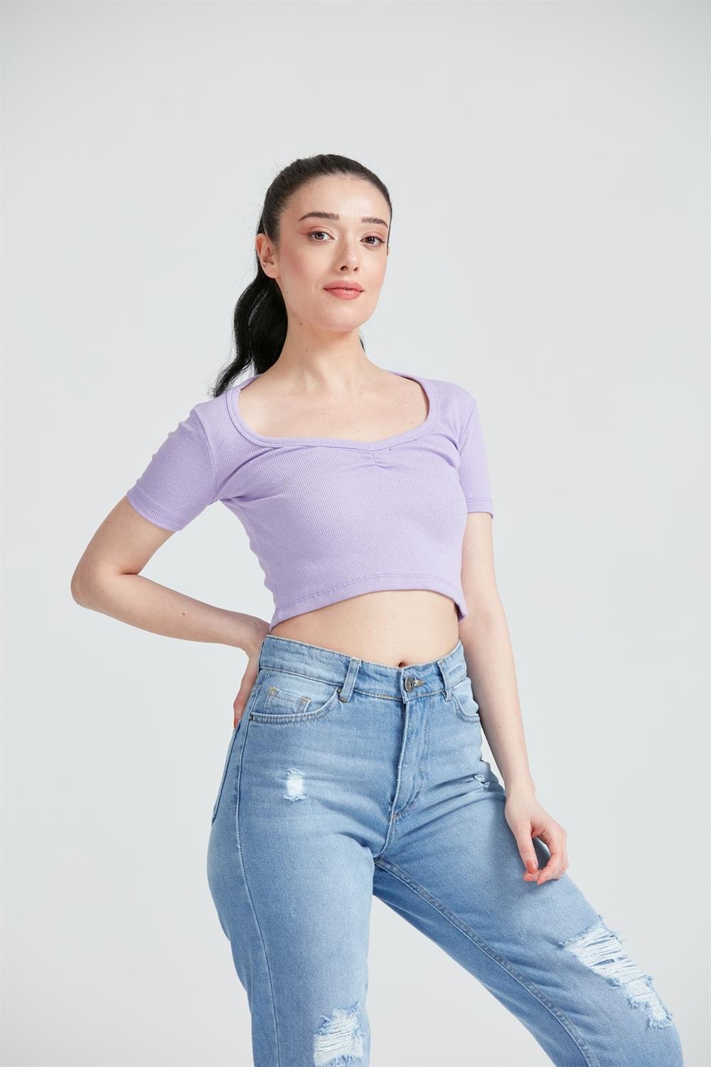Kadın Kısa kol Basic Crop Top Lila