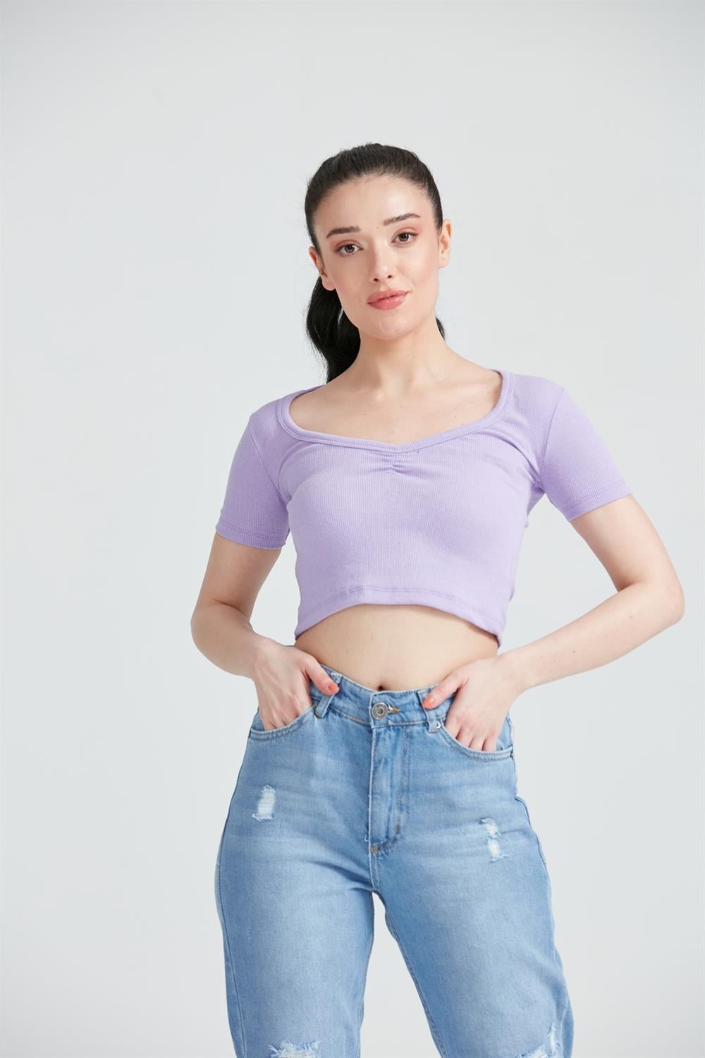 Kadın Kısa kol Basic Crop Top Lila