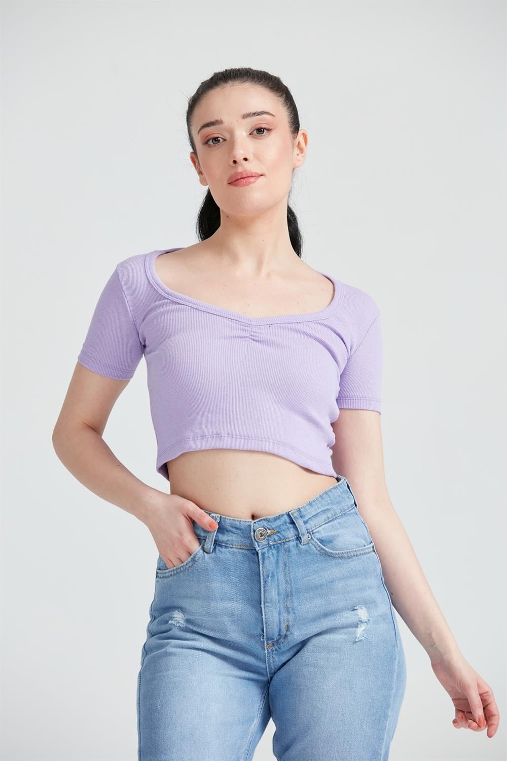 Kadın Kısa kol Basic Crop Top Lila