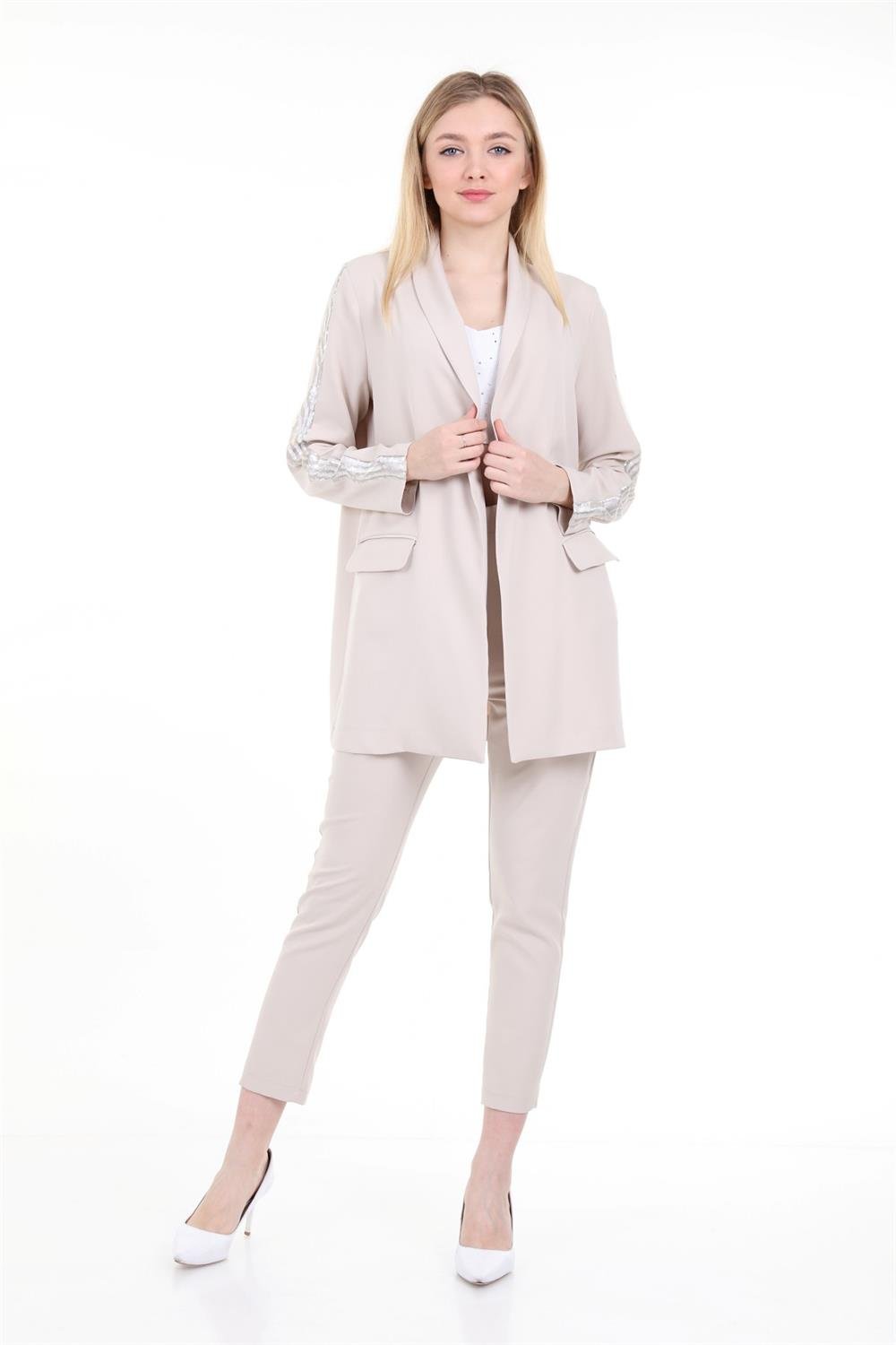 Kadın Kol Detaylı Ceket Takım BEIGE