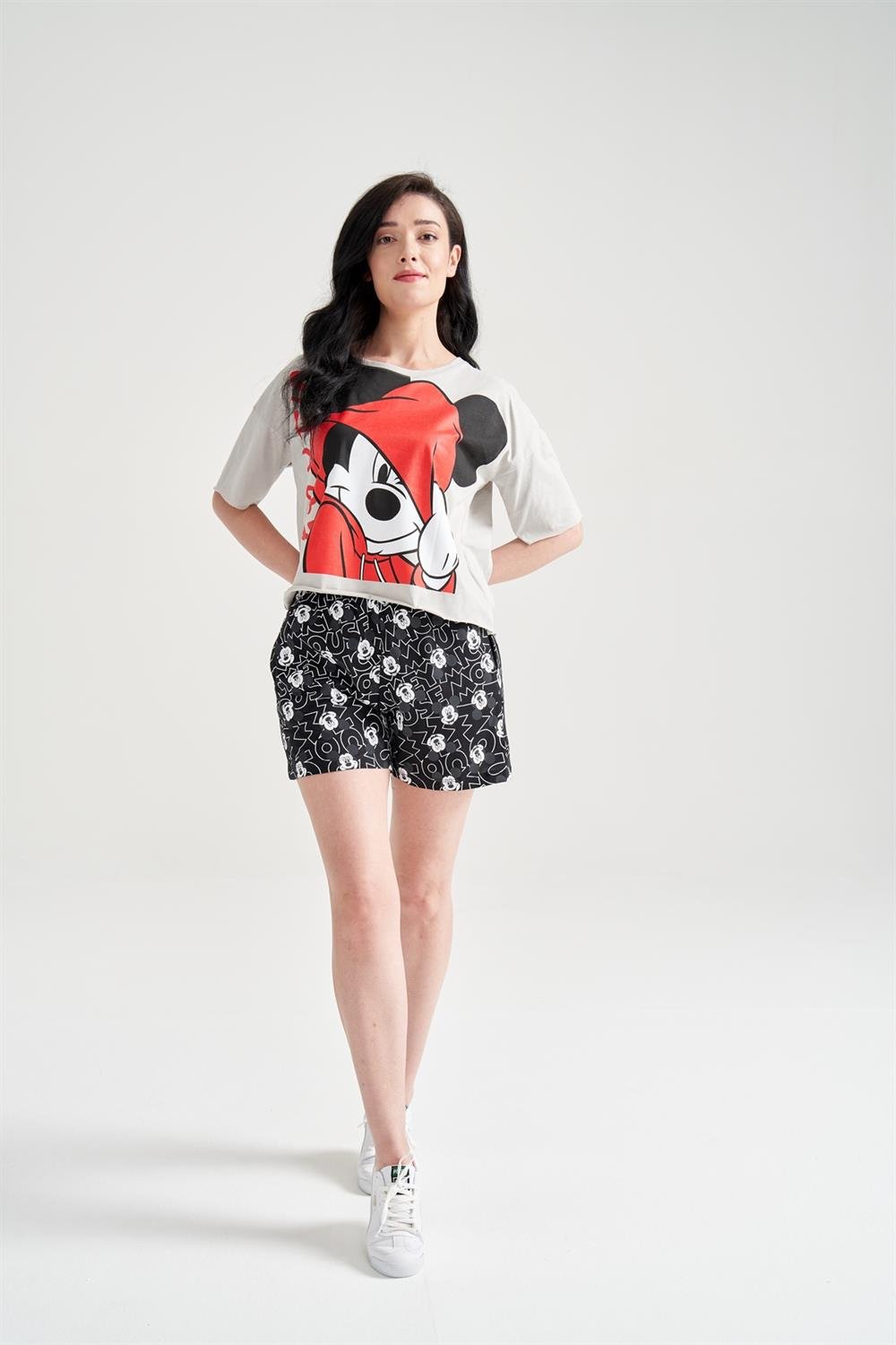 Kadın Mickey Mouse Baskılı Şortlu Takım Gri