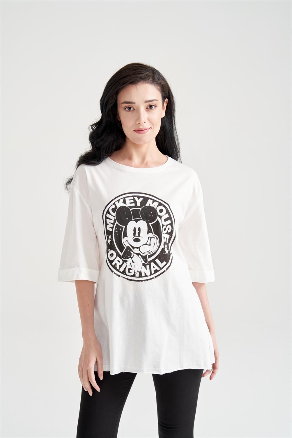 Kadın Mickey Mouse Baskılı T-shirt Beyaz