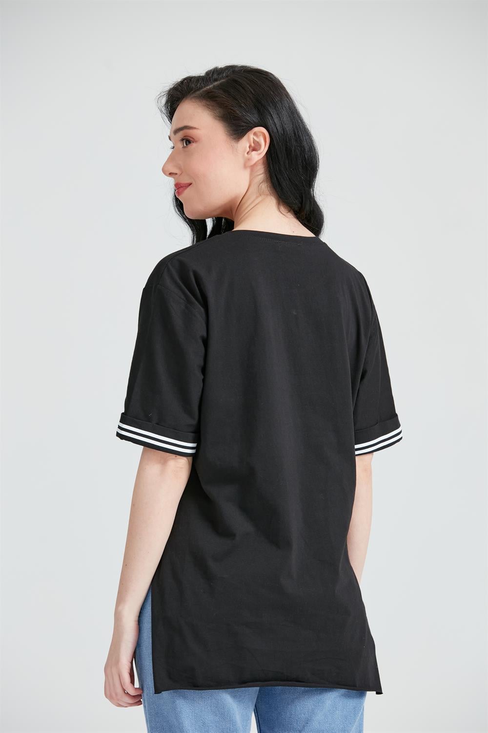 Kadın Miki Mous Baskılı Cepli T-Shirt Siyah