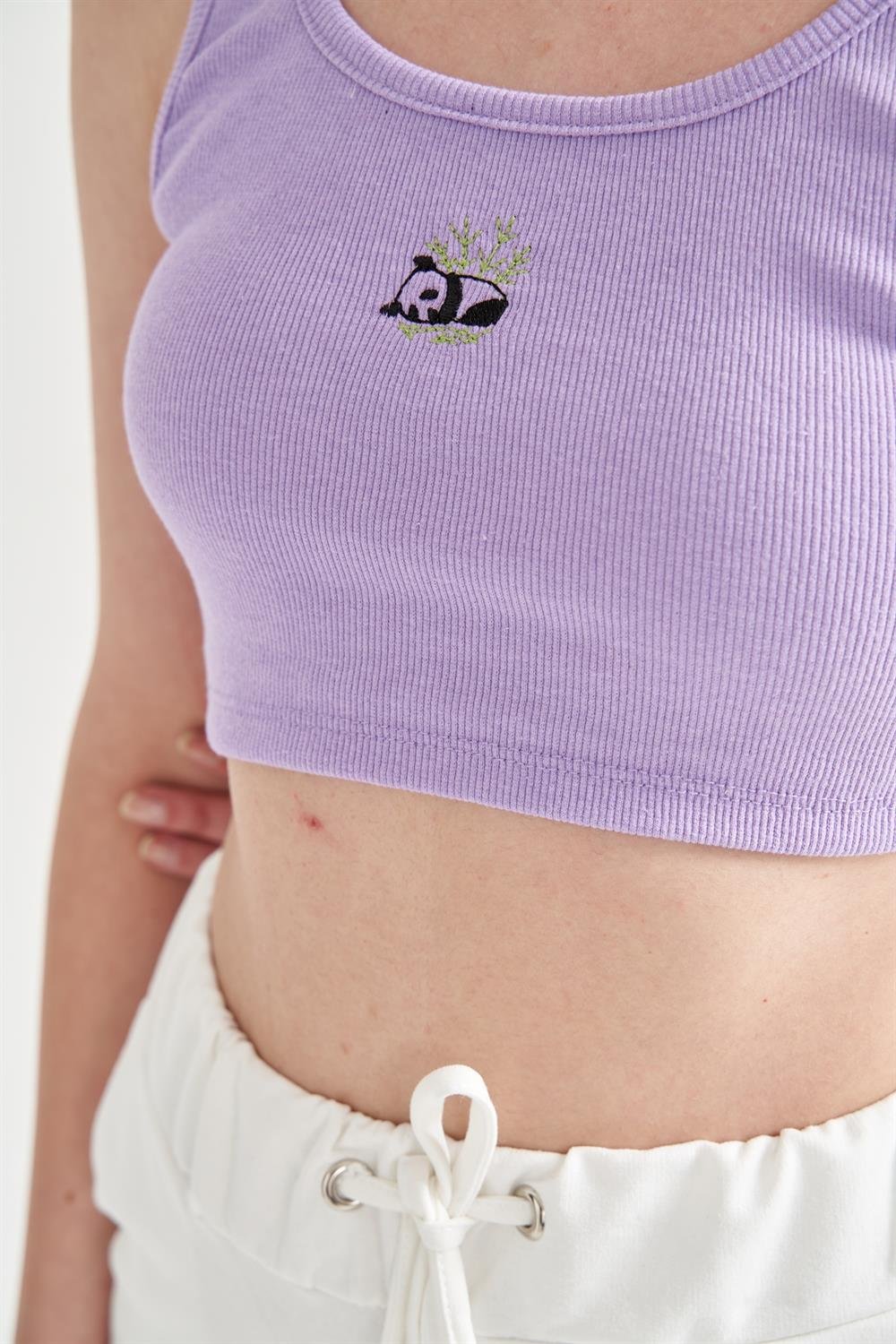 Kadın Panda Baskılı Crop Büstiyer Lila