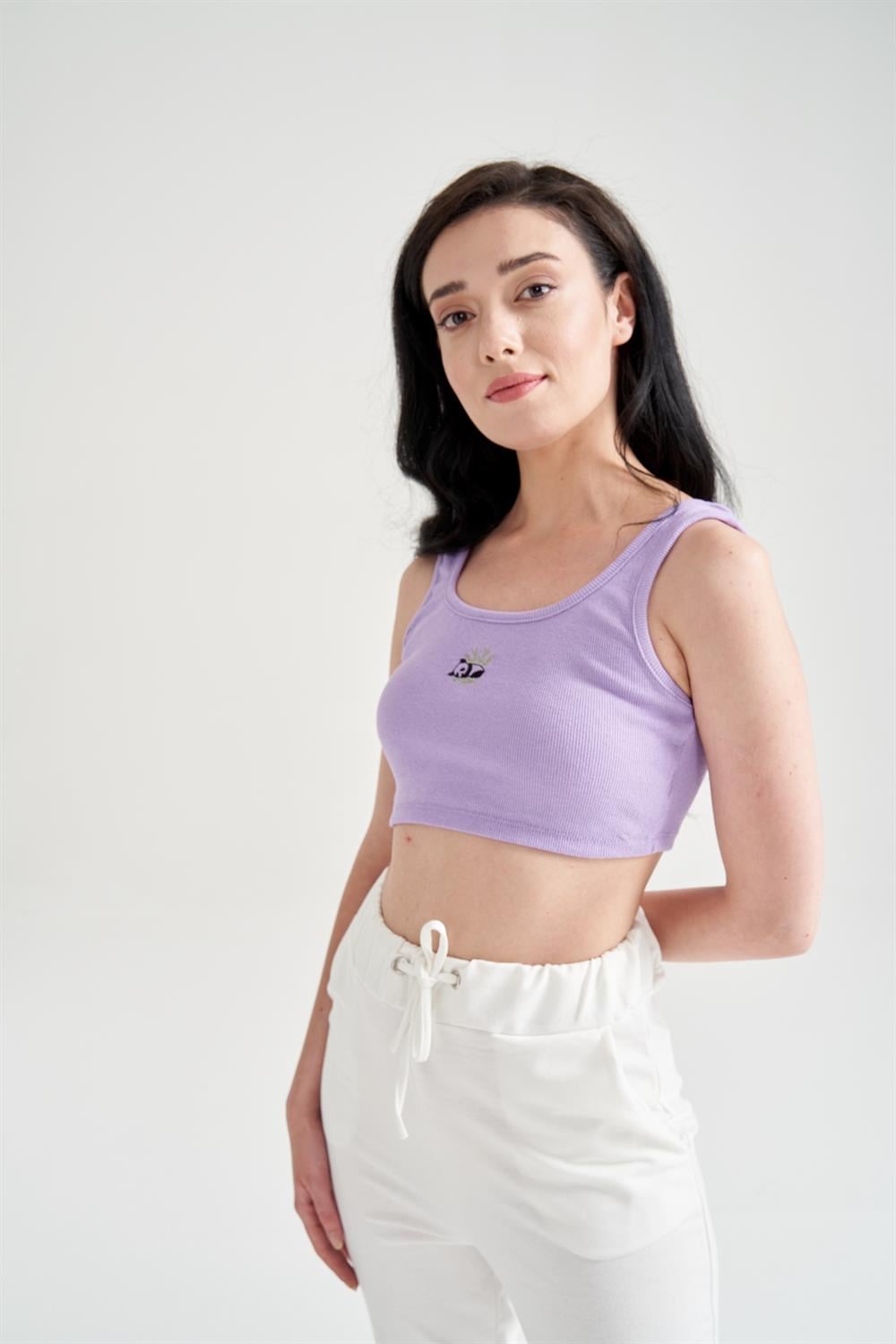 Kadın Panda Baskılı Crop Büstiyer Lila