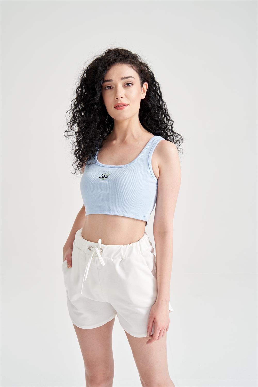 Kadın Panda Baskılı Crop Büstiyer Mavi