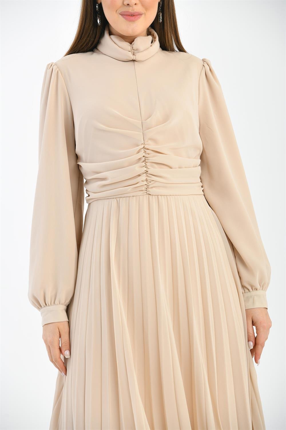 Kadın Piliseli Elbise BEIGE
