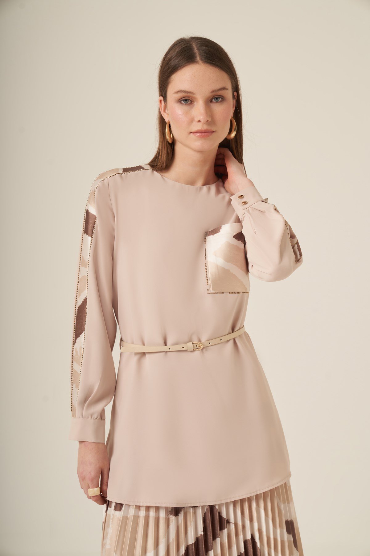Kadın Plise Etekli Takım Beige