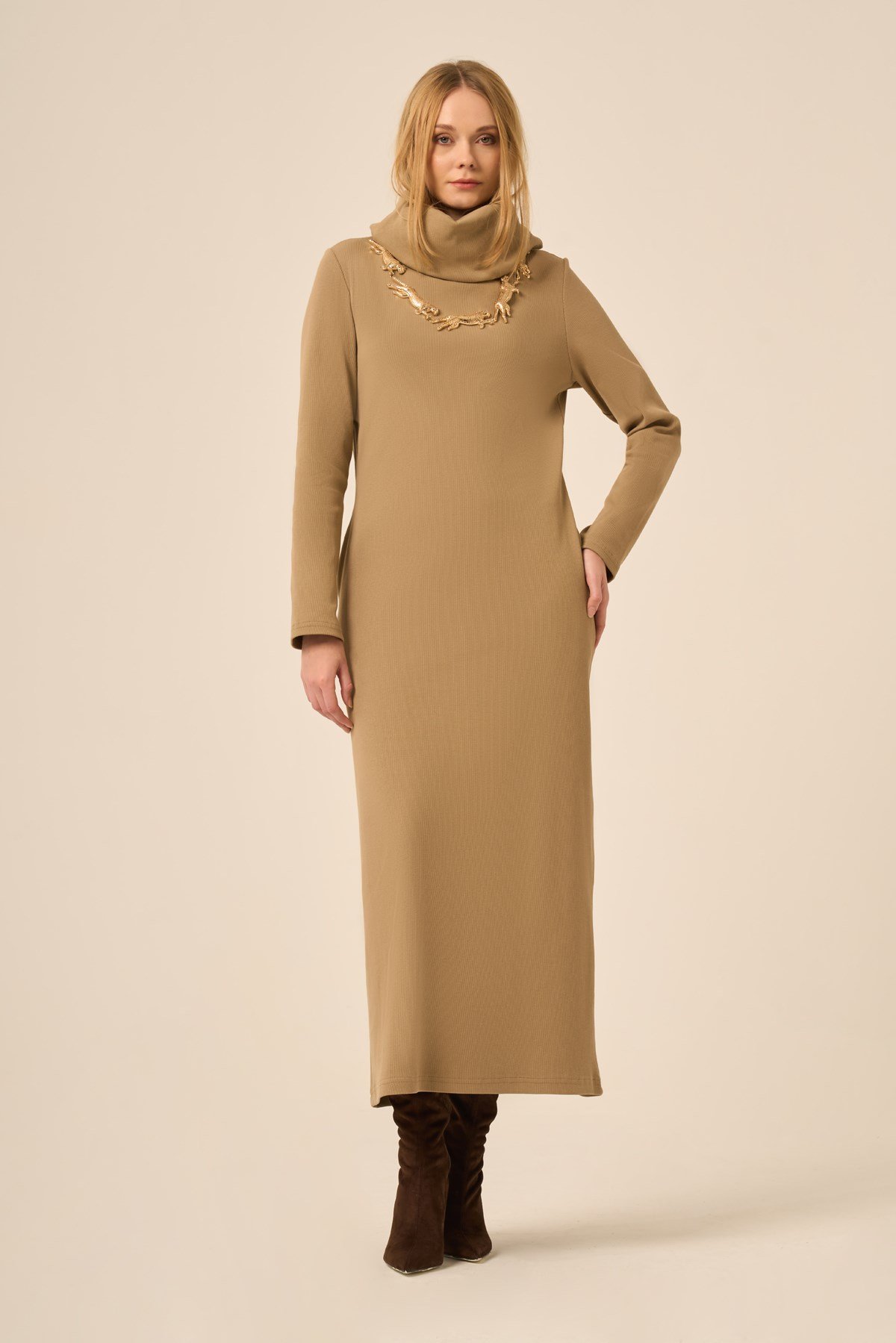 Kadın Ribana Elbise Camel
