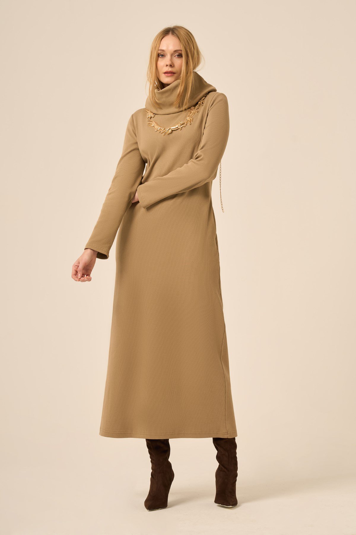 Kadın Ribana Elbise Camel