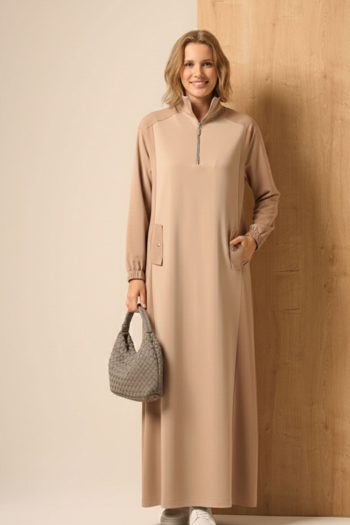 Kadın Scuba Spandex Elbise Beige