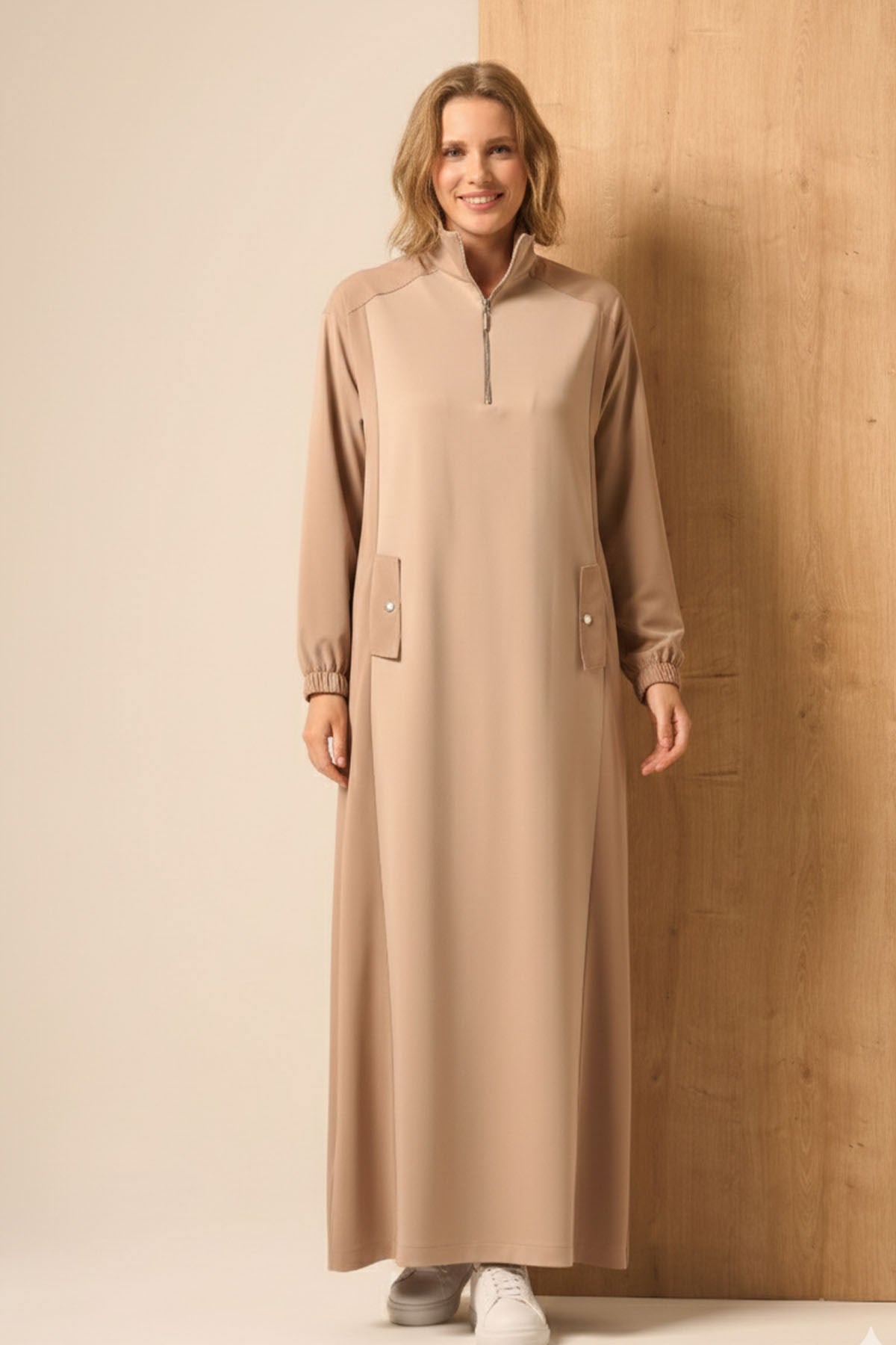 Kadın Scuba Spandex Elbise Beige