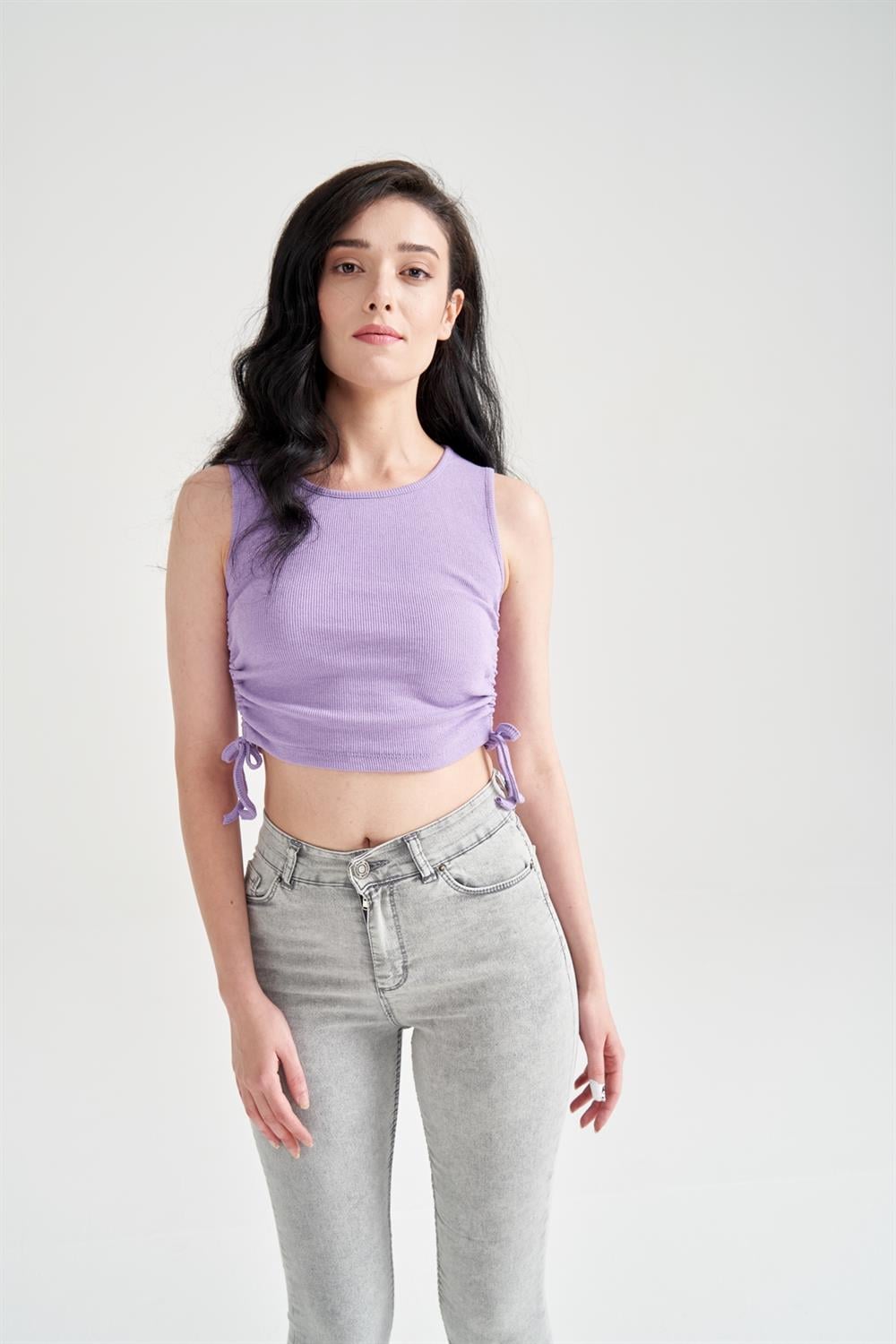 Kadın Sıfır Kol Ayarlanabilir Crop Lila
