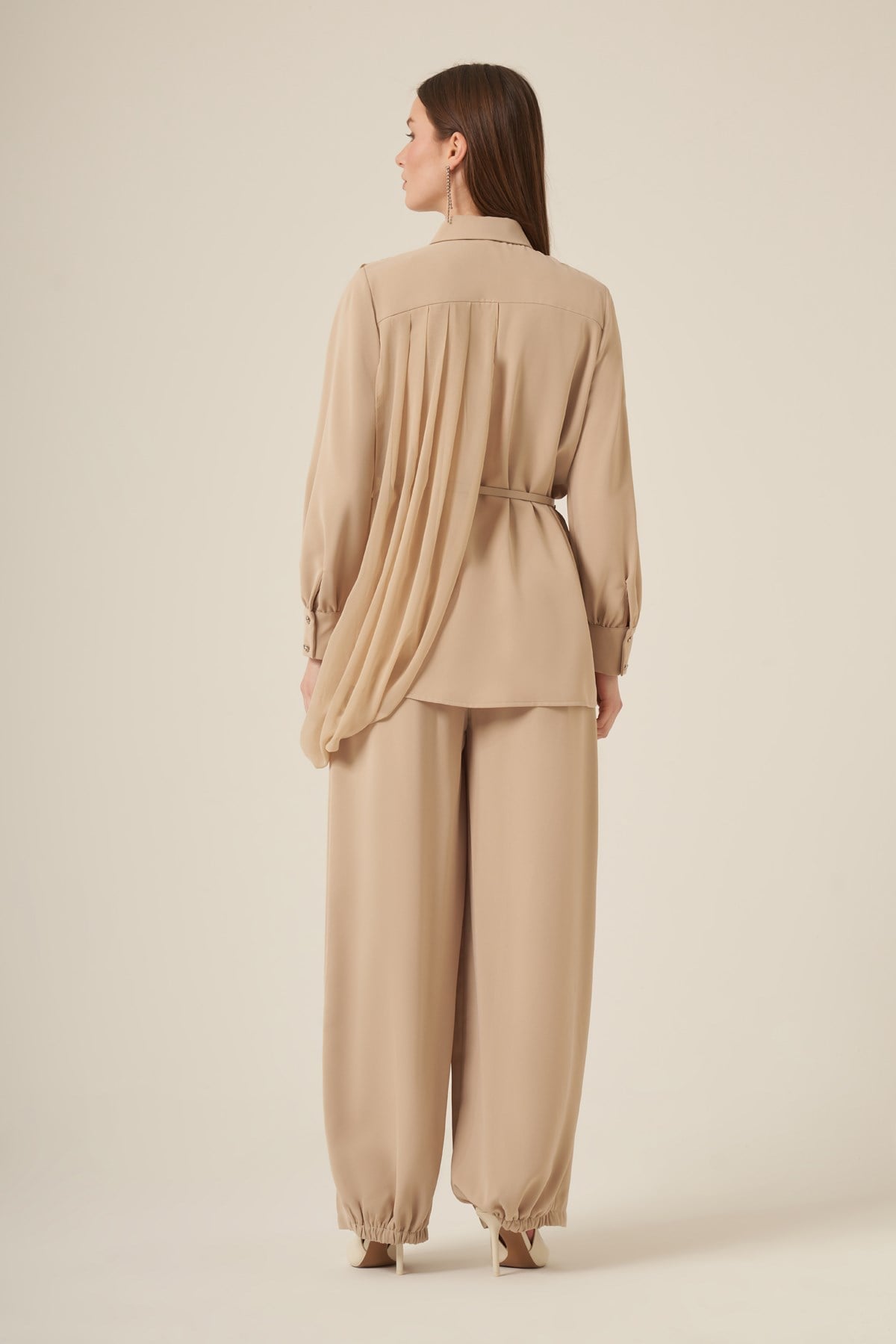 Kadın Şifon Detay Pantolonlu Takım Beige