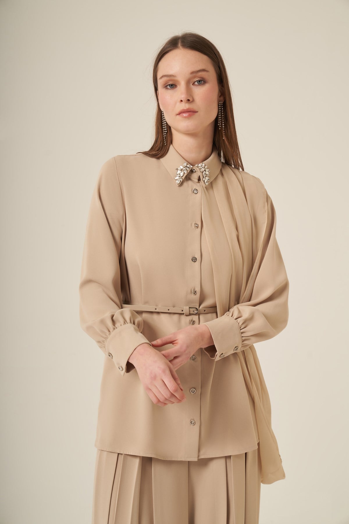 Kadın Şifon Detay Pantolonlu Takım Beige