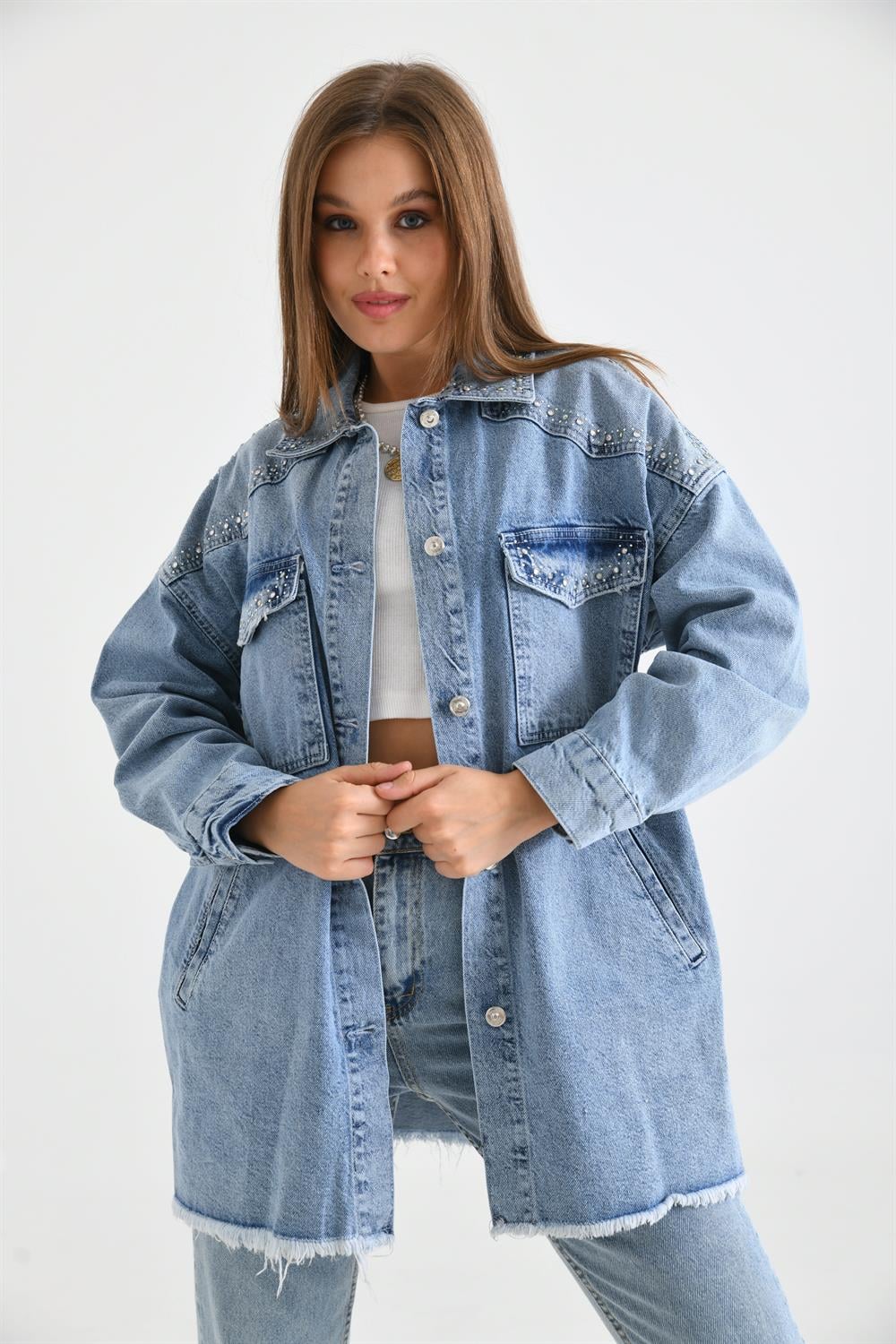 Kadın Taş Detaylı Jean Ceket MAVİ