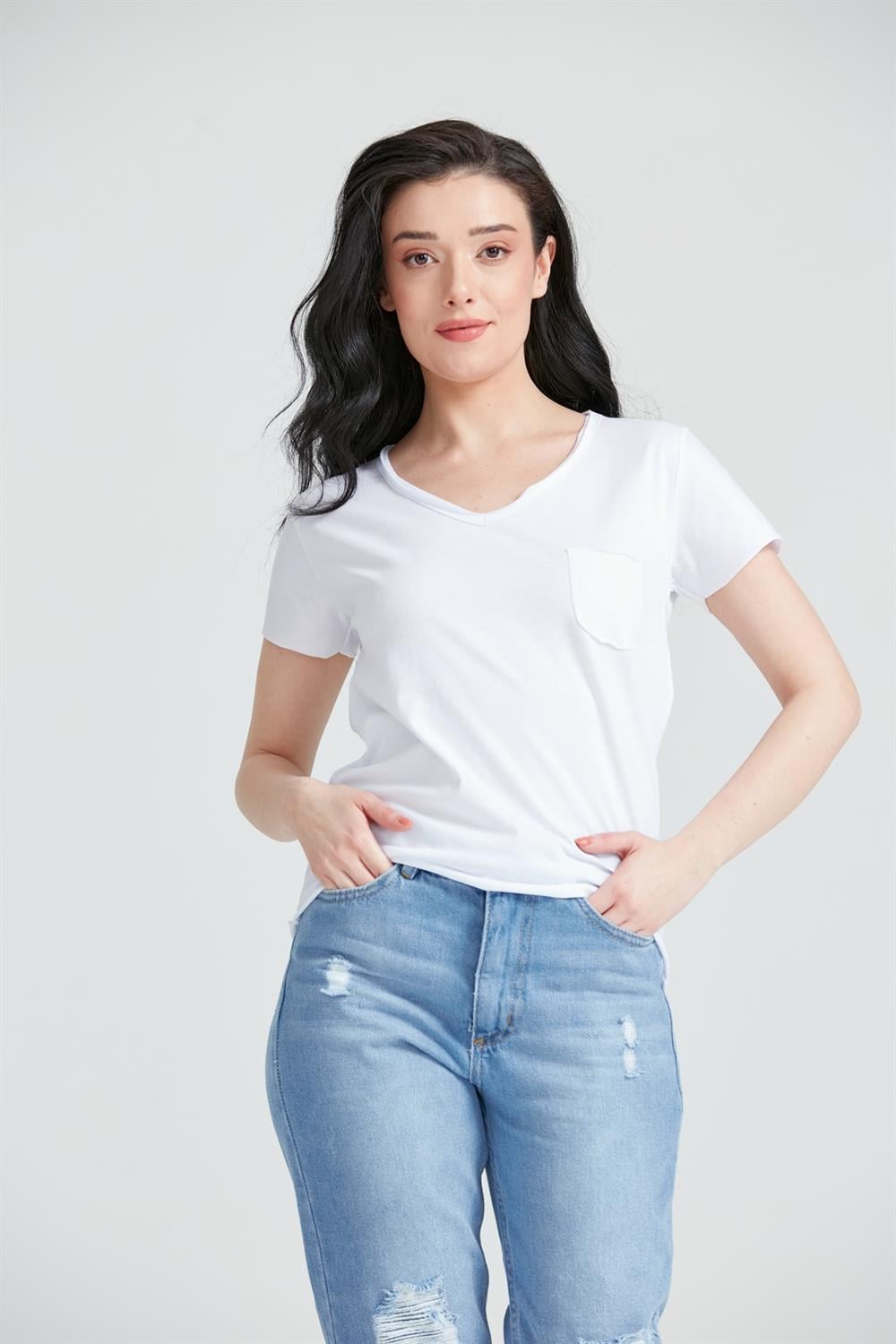 Kadın V Yaka Cepli Basic T-Shirt Beyaz