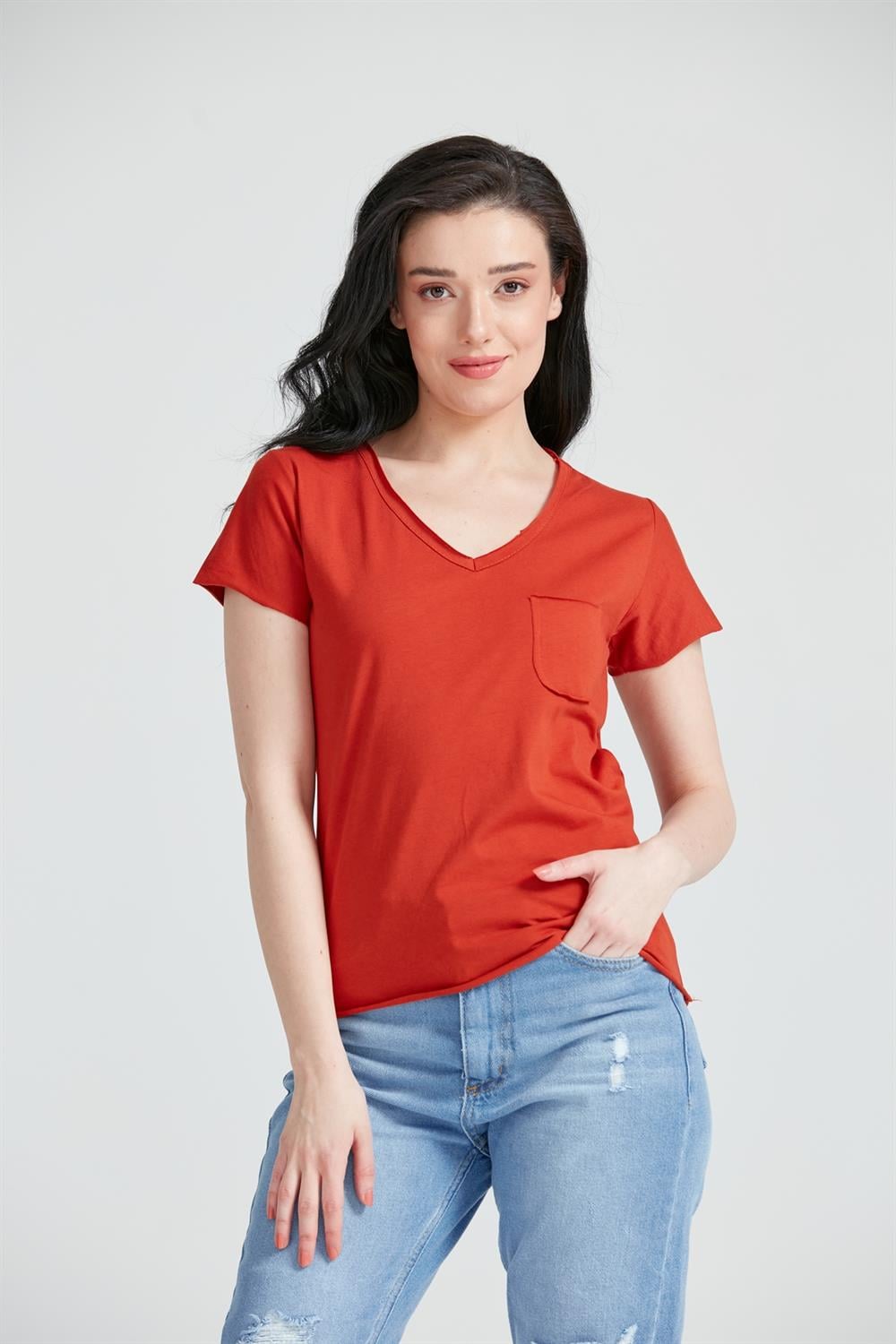 Kadın V Yaka Cepli Basic T-Shirt Kiremit