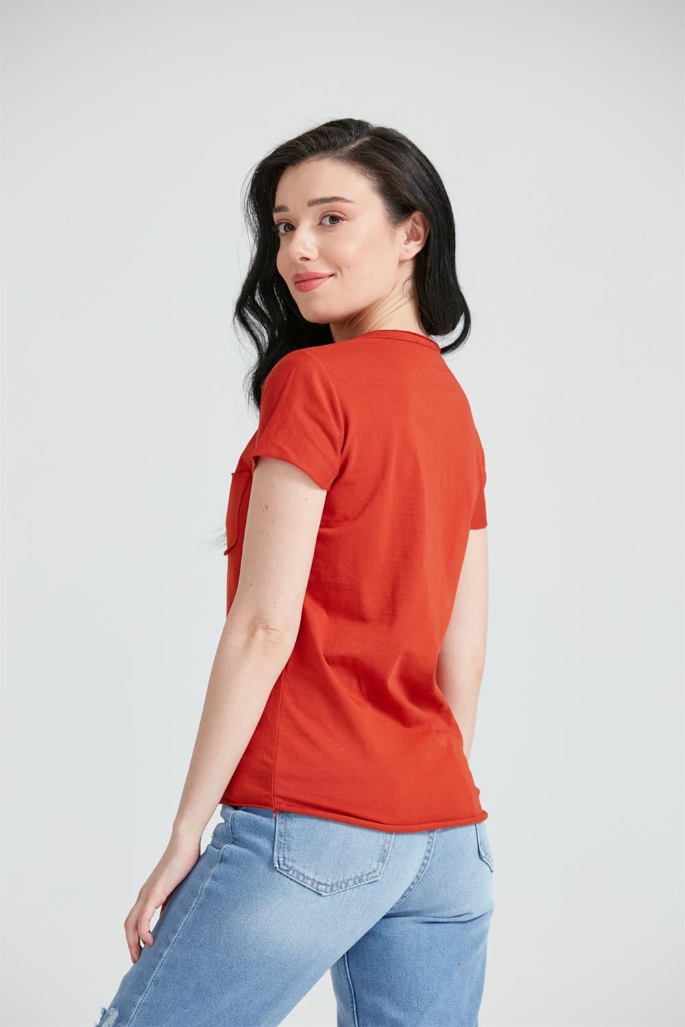 Kadın V Yaka Cepli Basic T-Shirt Kiremit