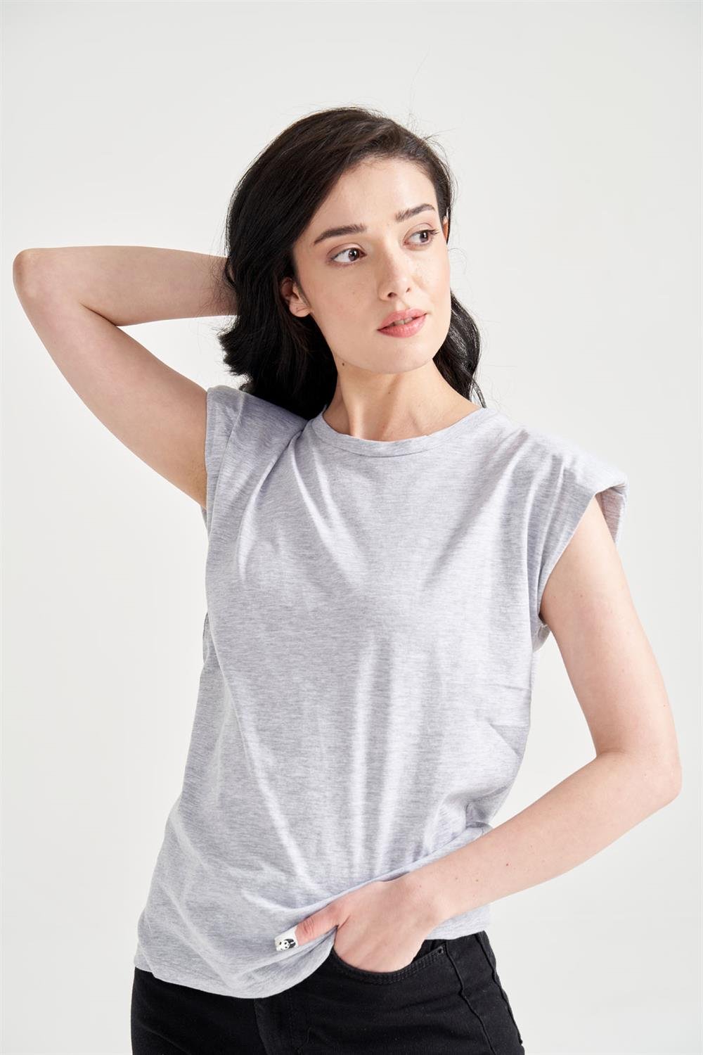 Kadın Vatkalı Basic T-Shirt Gri