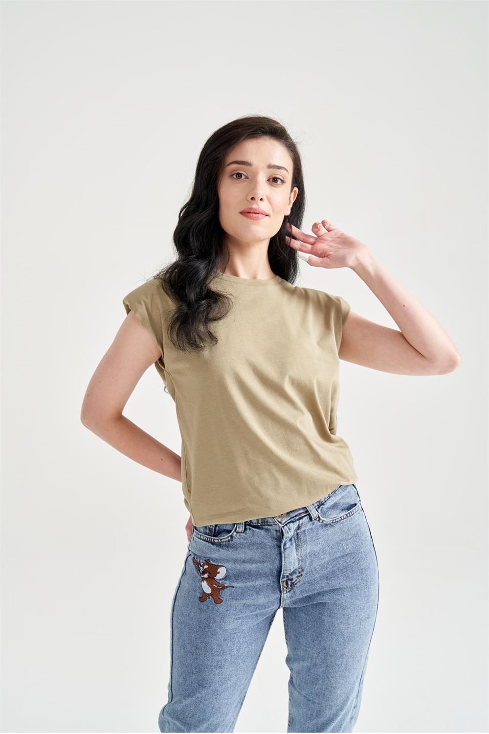 Kadın Vatkalı Basic T-Shirt Haki