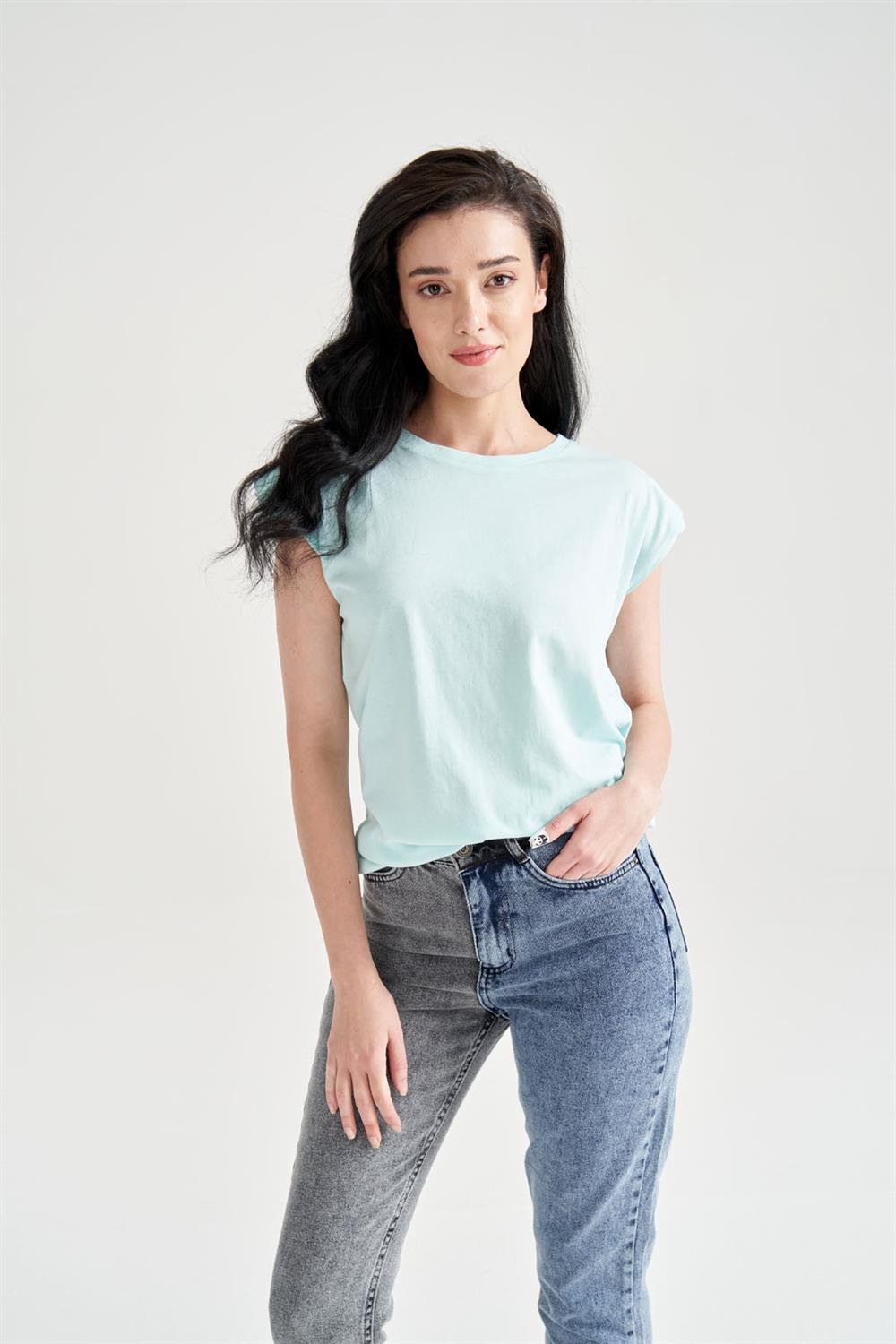 Kadın Vatkalı Basic T-Shirt Mavi