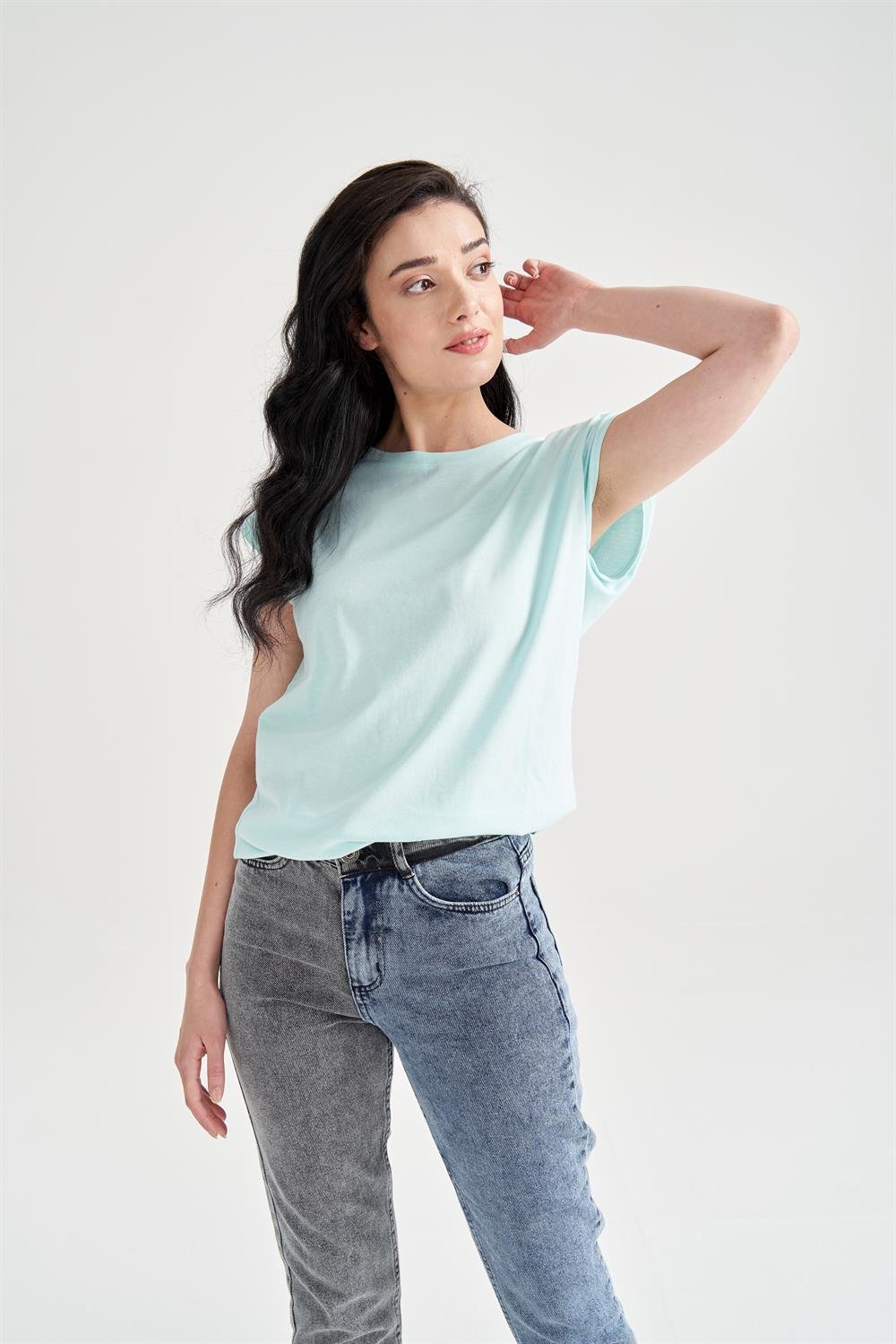 Kadın Vatkalı Basic T-Shirt Mavi