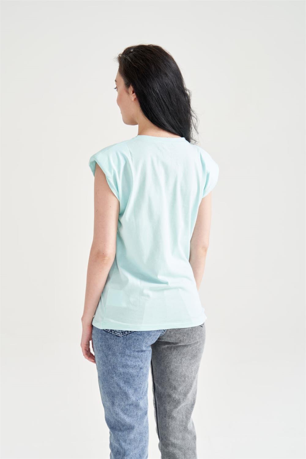 Kadın Vatkalı Basic T-Shirt Mavi