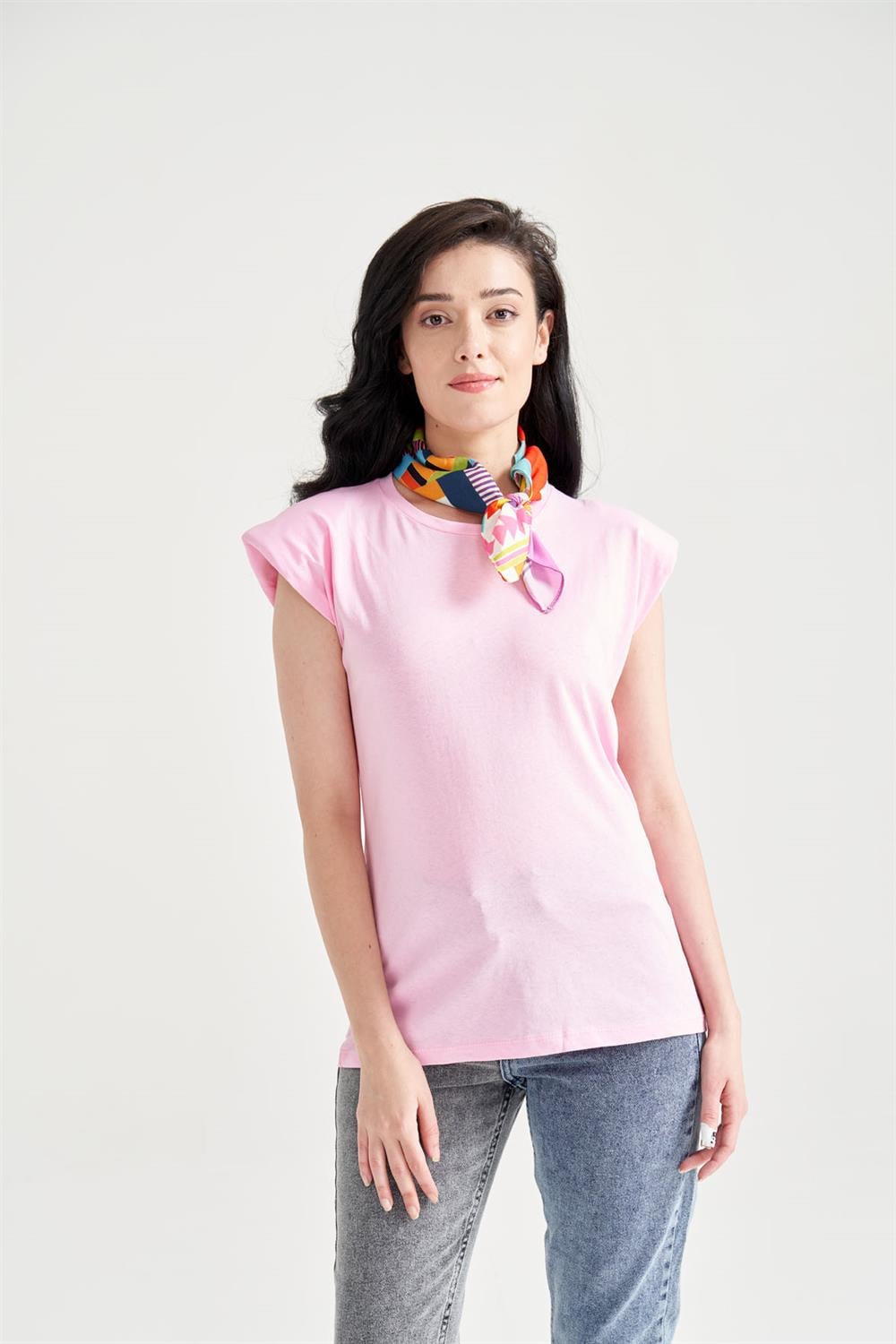 Kadın Vatkalı Basic T-Shirt Pembe