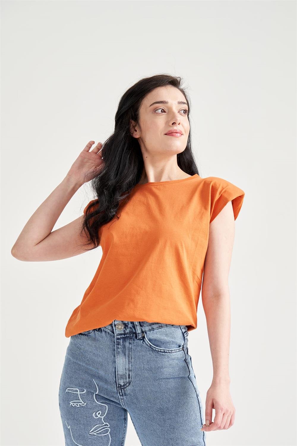 Kadın Vatkalı Basic T-Shirt Turuncu