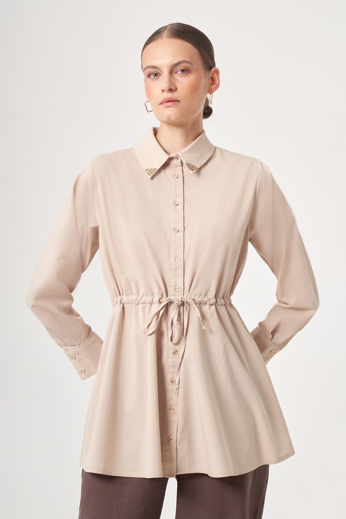 Kadın Yaka Trok Poplin Gömlek Beige