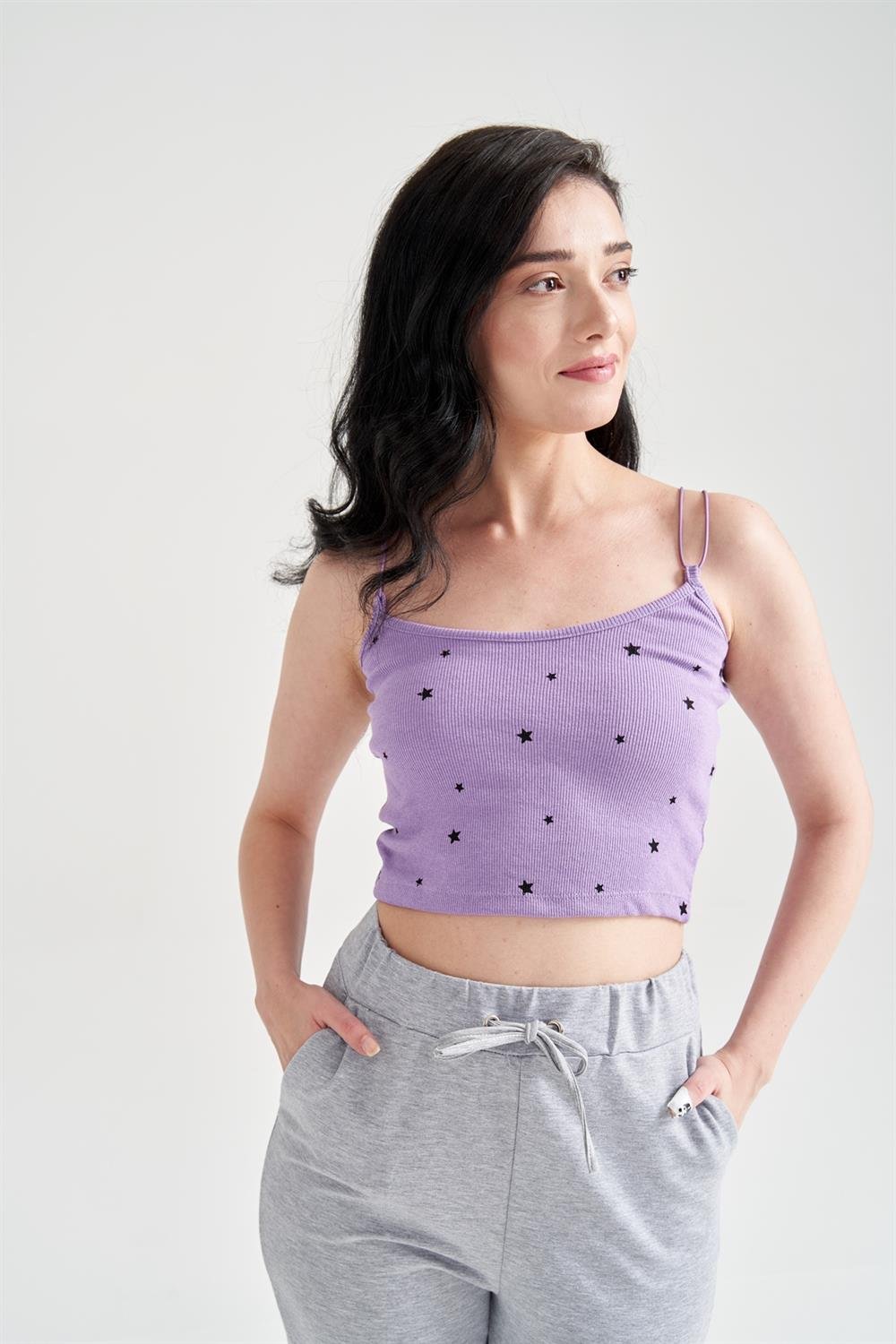 Kadın Yıldız Baskılı Crop Büstiyer Lila