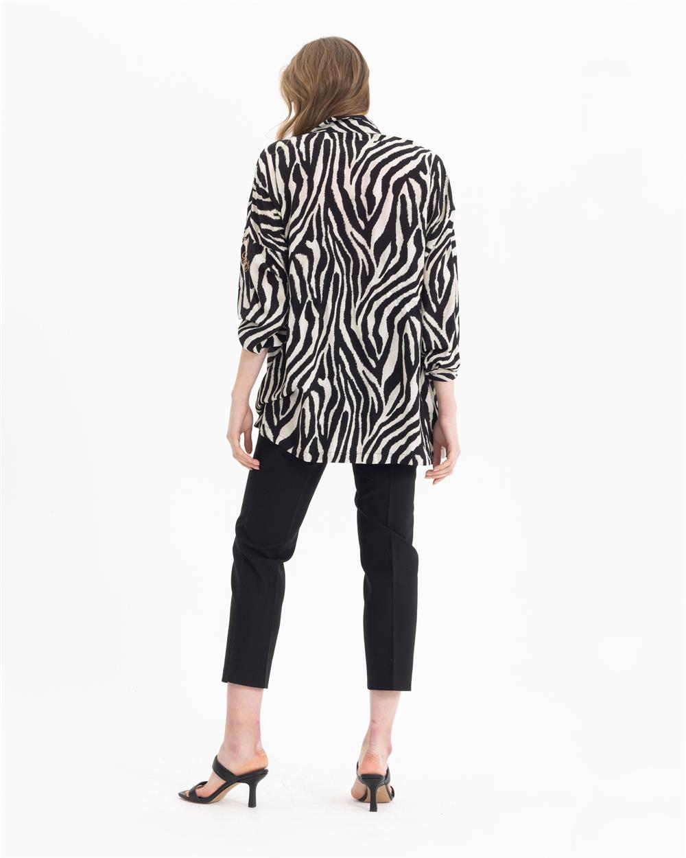 Kadın Zebra Desenli Beli Büzgülü Ceket SİYAH