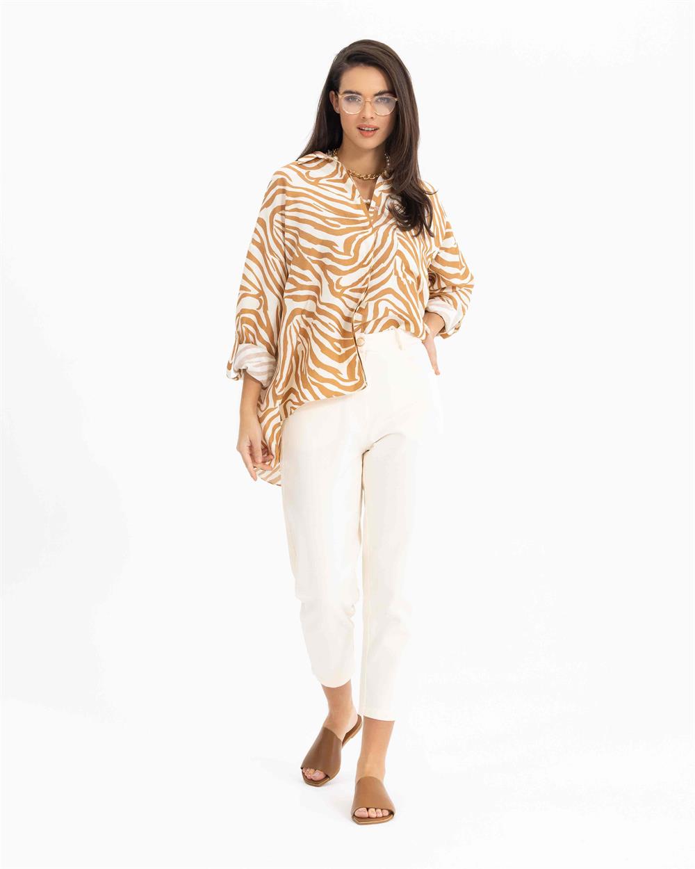 Kadın Zebra Desenli Uzun Kollu Gömlek BEIGE