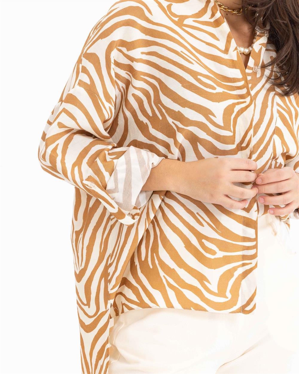 Kadın Zebra Desenli Uzun Kollu Gömlek BEIGE