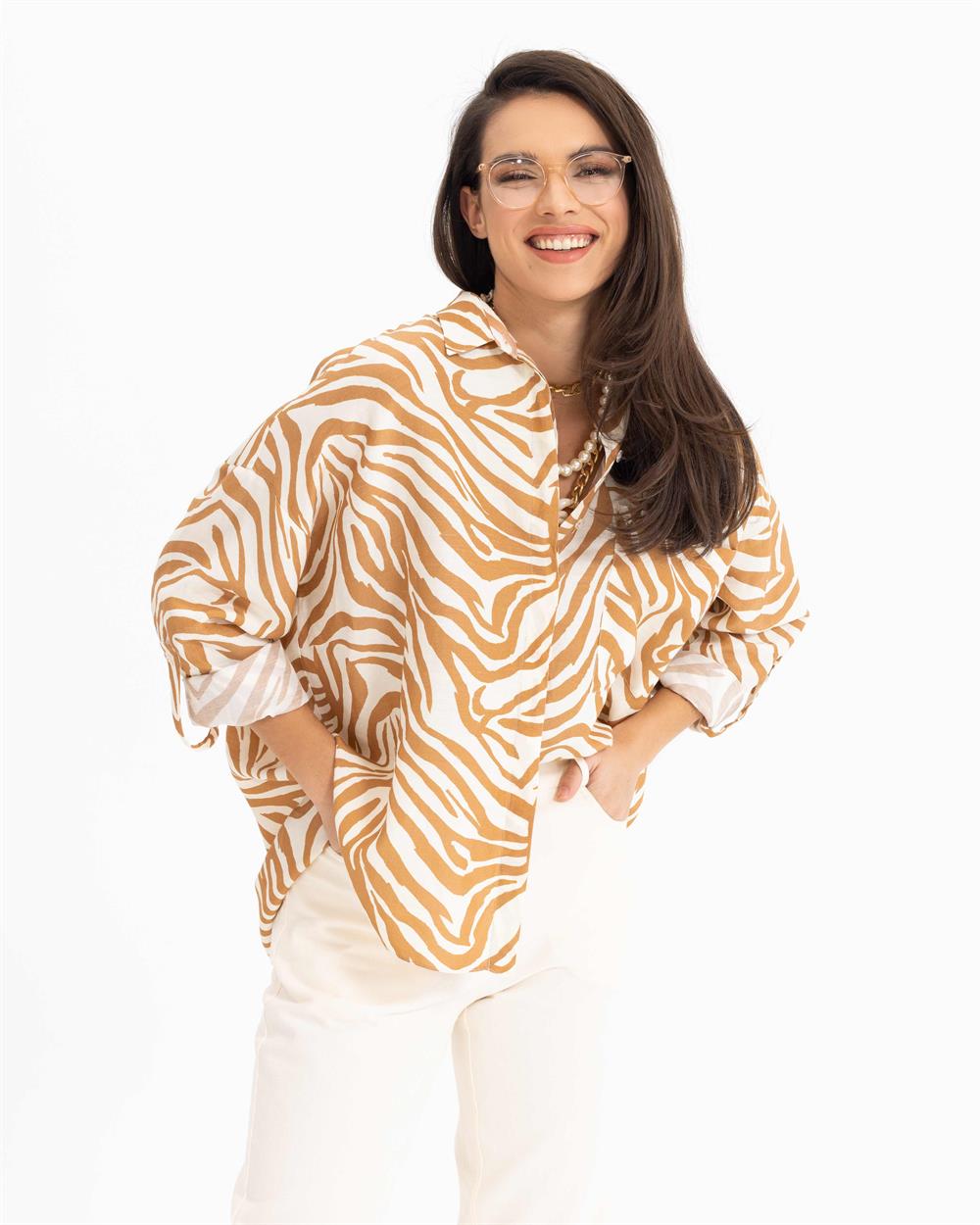 Kadın Zebra Desenli Uzun Kollu Gömlek BEIGE