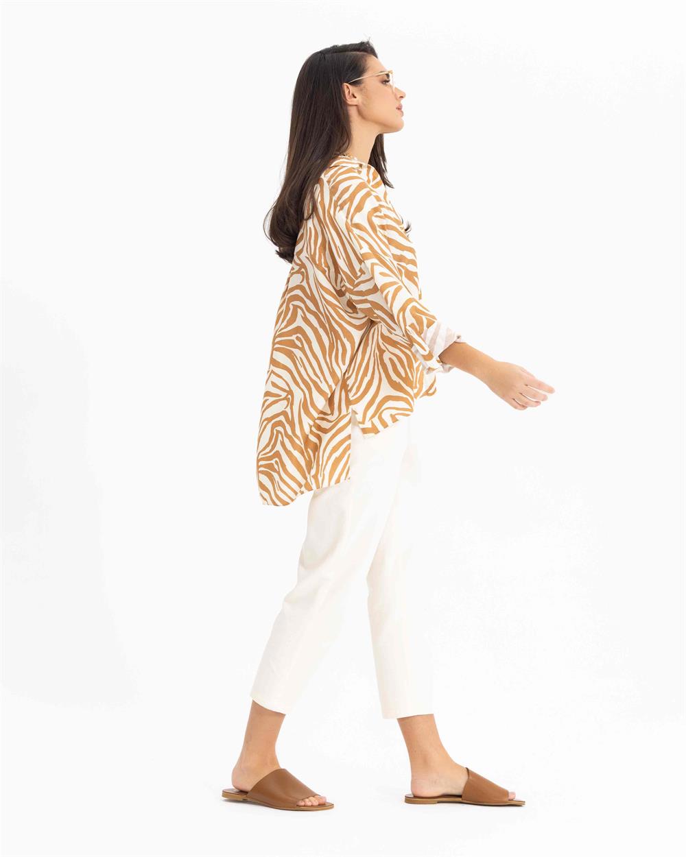 Kadın Zebra Desenli Uzun Kollu Gömlek BEIGE